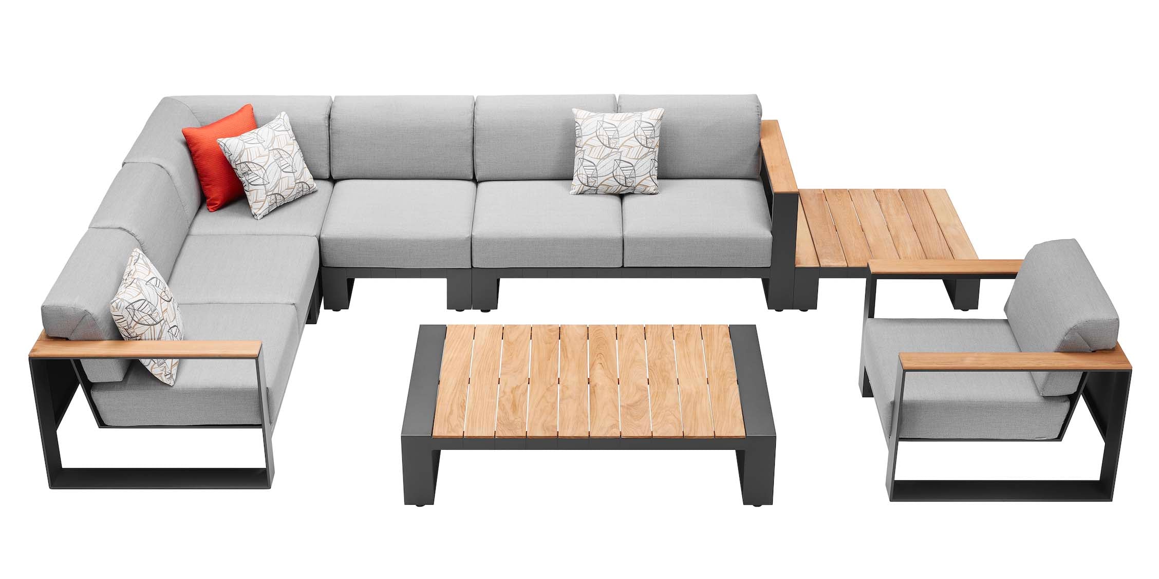 Salon de jardin d'angle en aluminium et Teck SFC, coussins déhoussables en tissu acrylique déperlant, design contemporain et .