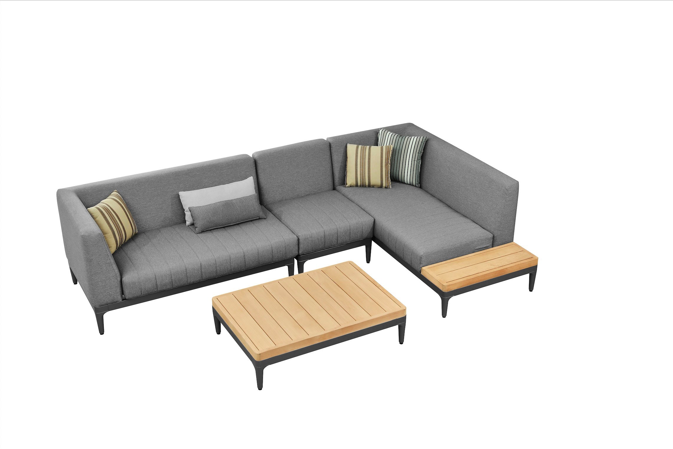 Salon de jardin d'angle design en aluminium inoxydable, assises en tissu 100% Oléfine gris avec coussins déhoussables,.