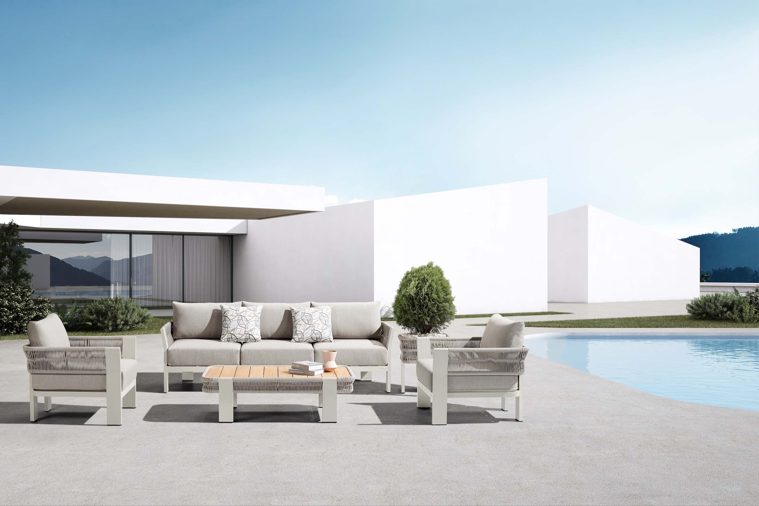 Salon de jardin moderne 5 places en aluminium blanc, corde tressée beige et teck FSC, coussins déhoussables et déperlants. 