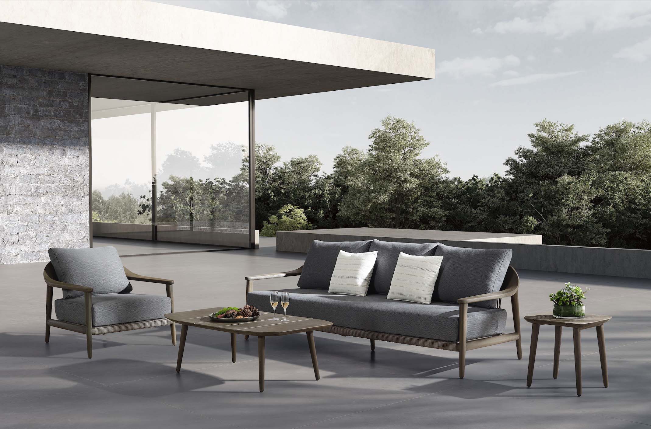 Mobilier de jardin luxueux en teck FSC massif avec assises en mousse Quick Dry Foam, détails en corde tressée, design.