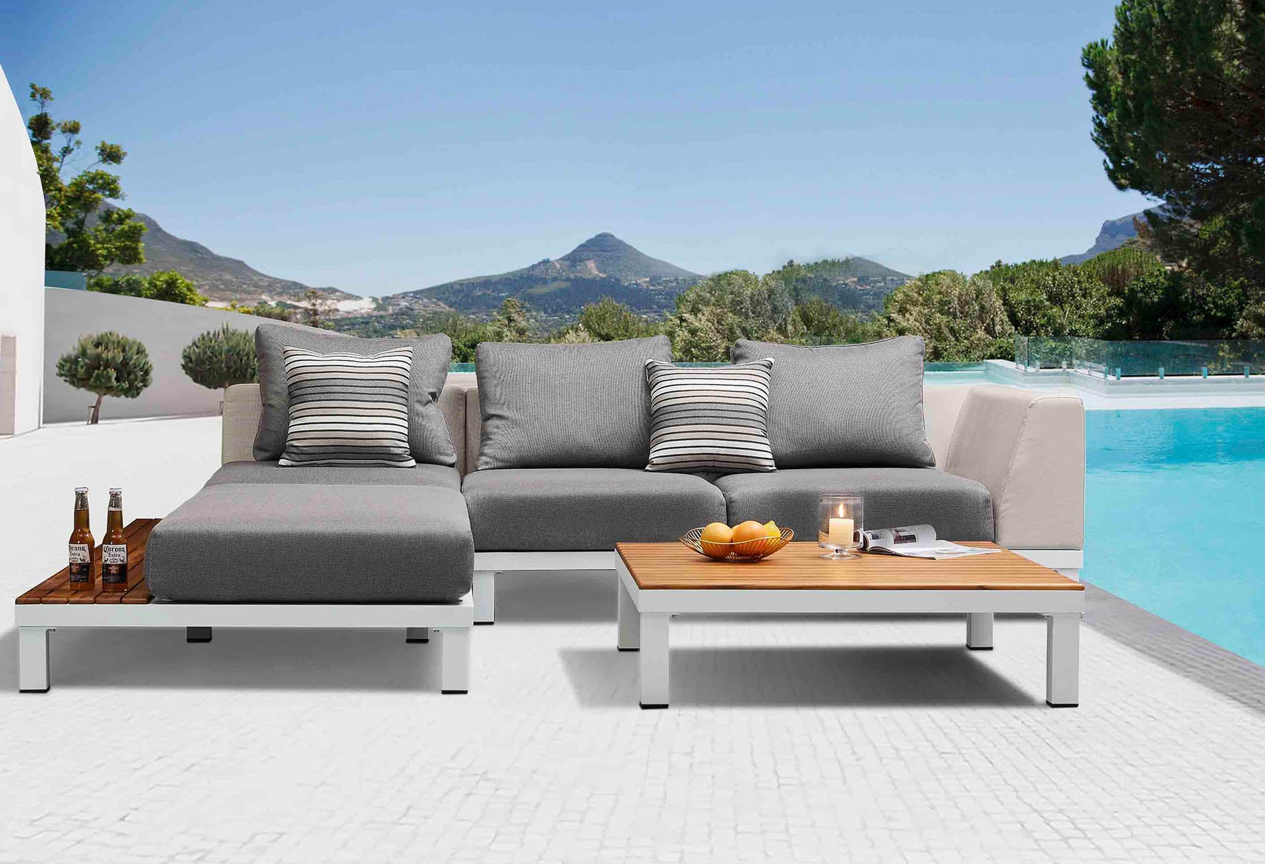 Salon de jardin luxe en aluminium design gris avec assises en tissu Oléfine 100% polypropylène gris clair, plateau de table.