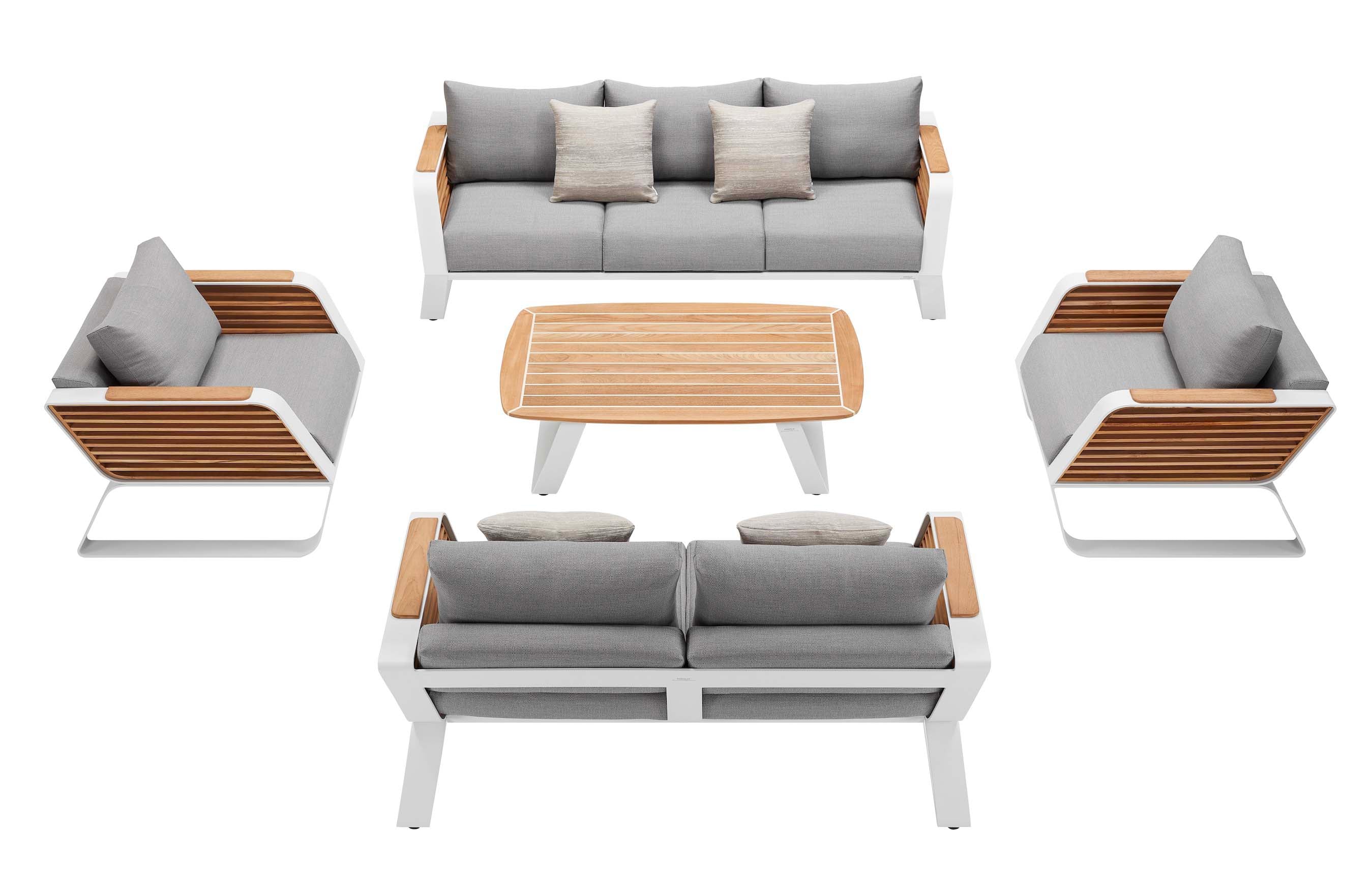 Salon de jardin luxe Pininfarina 7 places en aluminium blanc et Teck FSC avec coussins gris, design léger et haut de gamme.