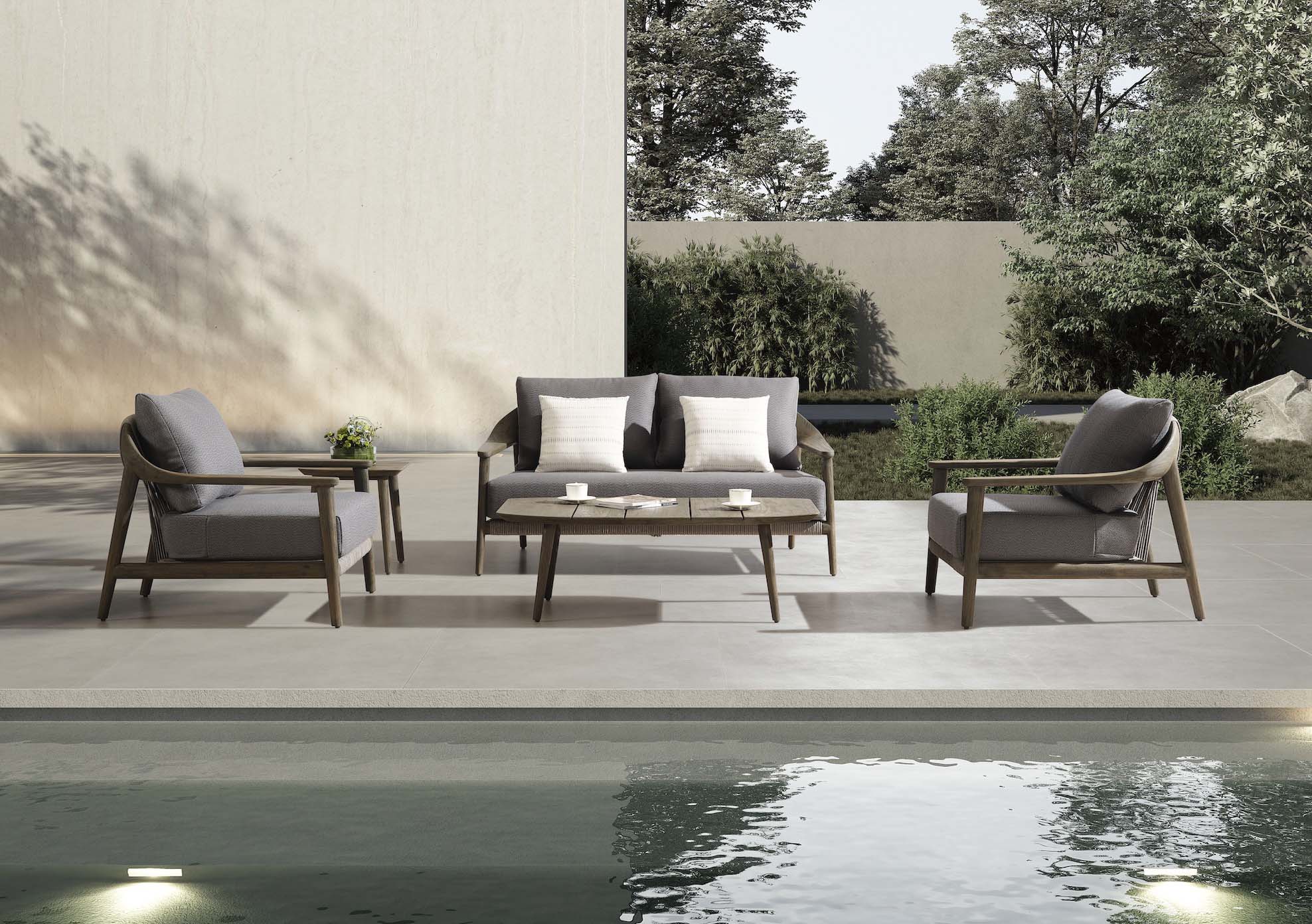 Mobilier de jardin luxueux en teck FSC massif, canapé 2 places et deux fauteuils avec assises en mousse Quick Dry Foam.