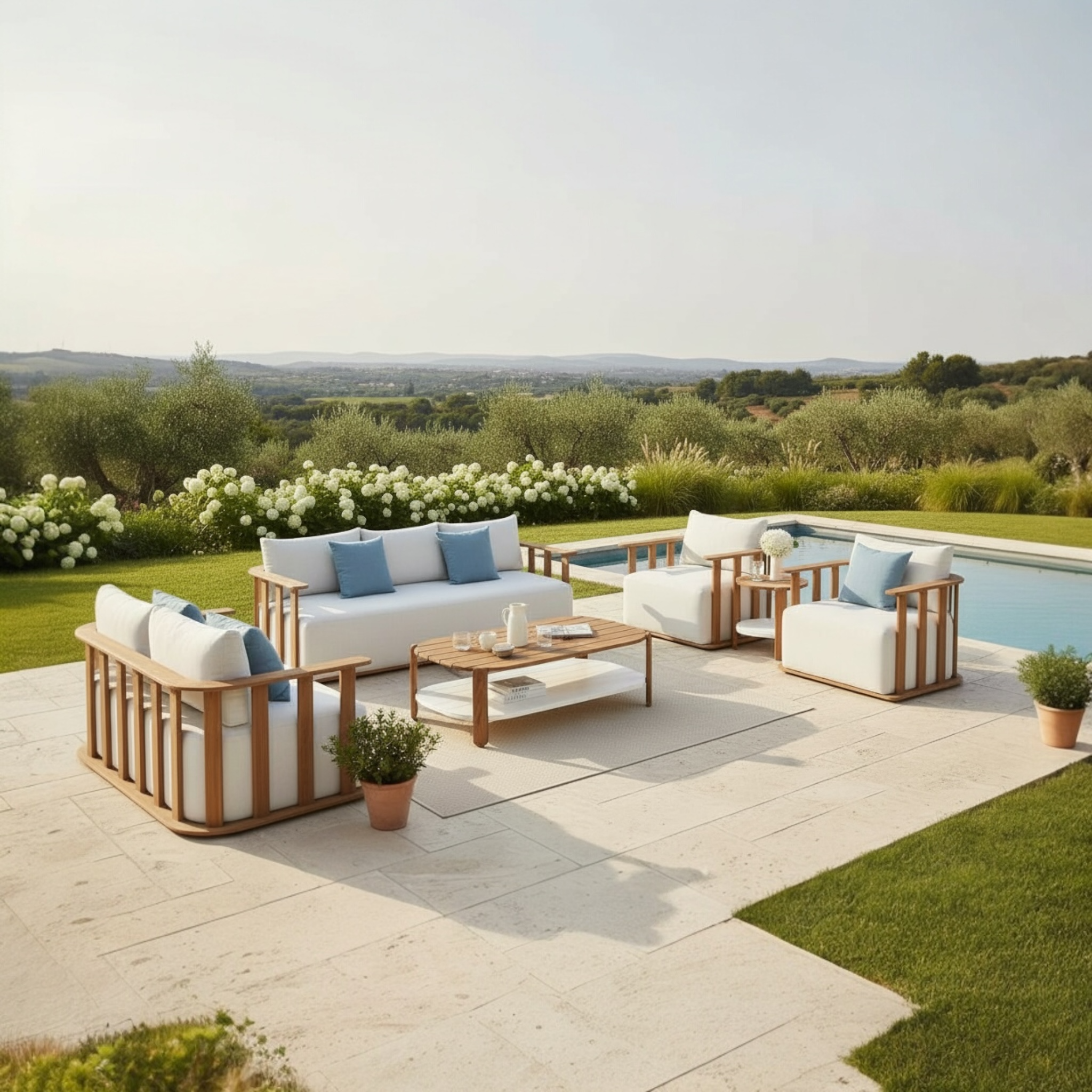 Salon de jardin 7 places en teck FSC massif, design italien, coussins en tissu acrylique déperlant et housse déhoussable,.