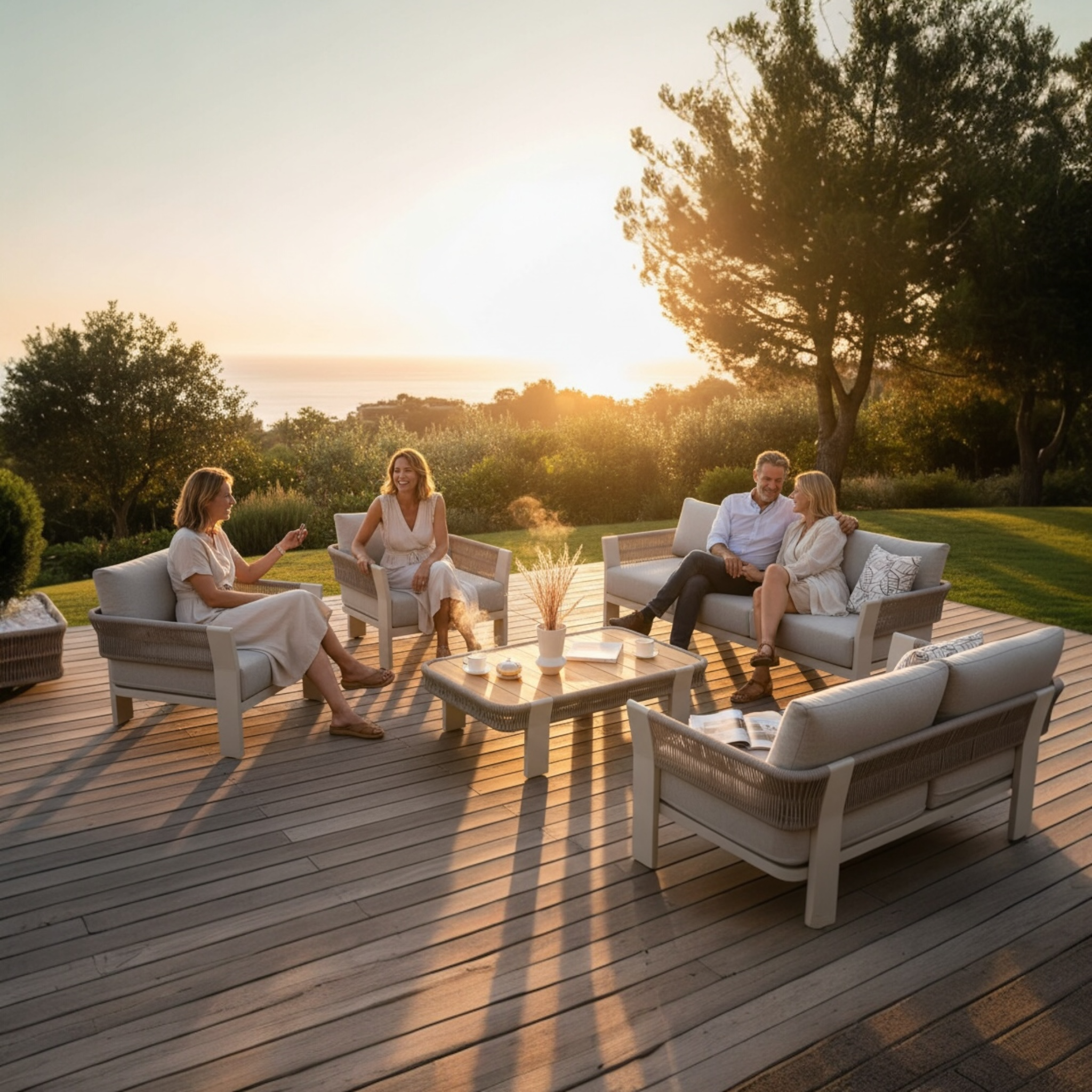 Salon de jardin moderne en aluminium et corde tressée beige avec structure en teck FSC, coussins déhoussables et déperlants, .