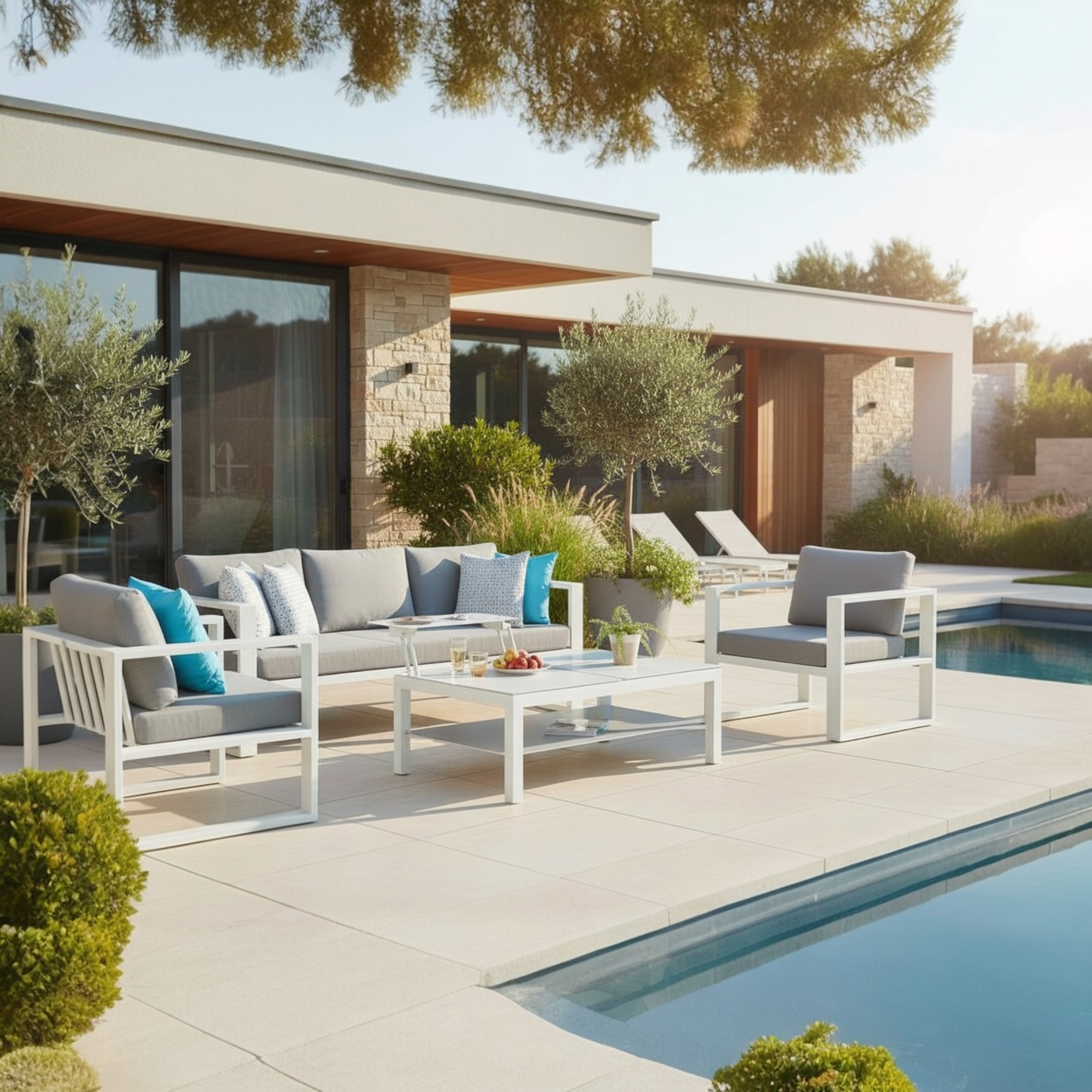 Fauteuil de jardin modulable en aluminium blanc haut de gamme, coussins gris clair, ambiance luxe méditerranéenne, vue.