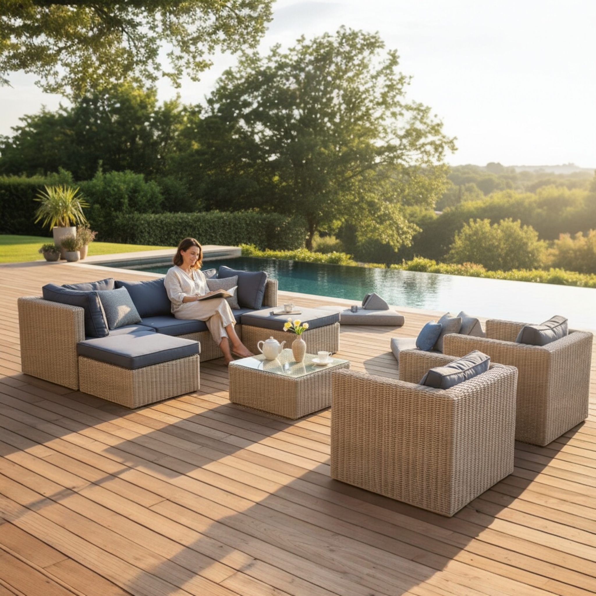 Salon de jardin modulable en résine tressée ronde couleur osier rustique, avec coussins déhoussables et déperlants.