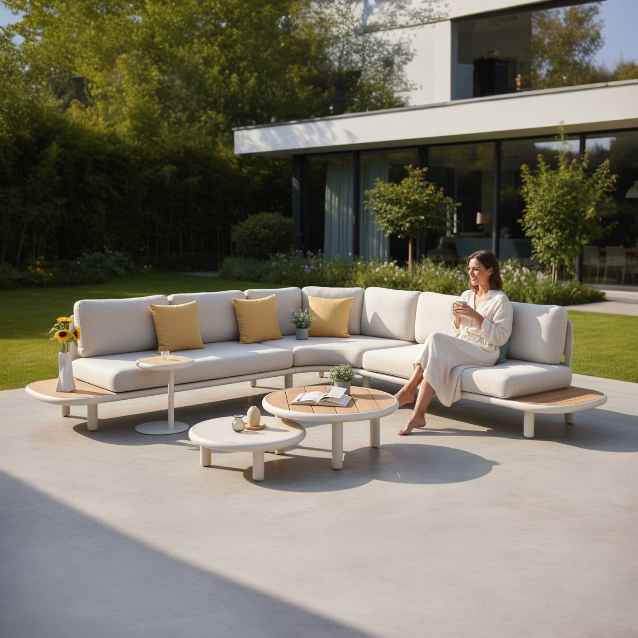 Salon de jardin d'angle luxe en aluminium haut de gamme et teck FSC, design aux courbes élégantes, peinture epoxy beige.