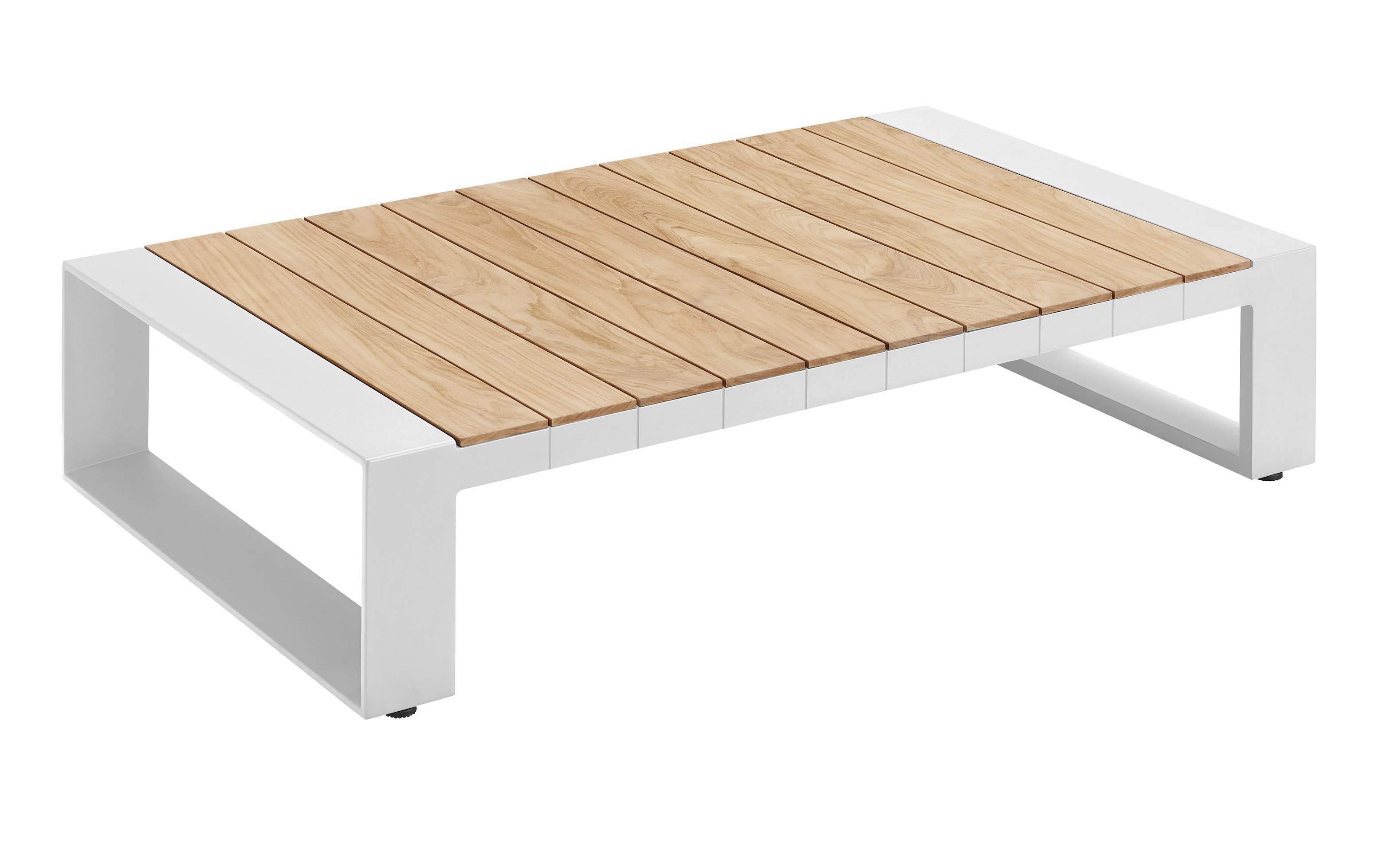 Table basse d'angle contemporaine en aluminium blanc avec plateau en Teck SFC naturel, design épuré et matériaux nobles.
