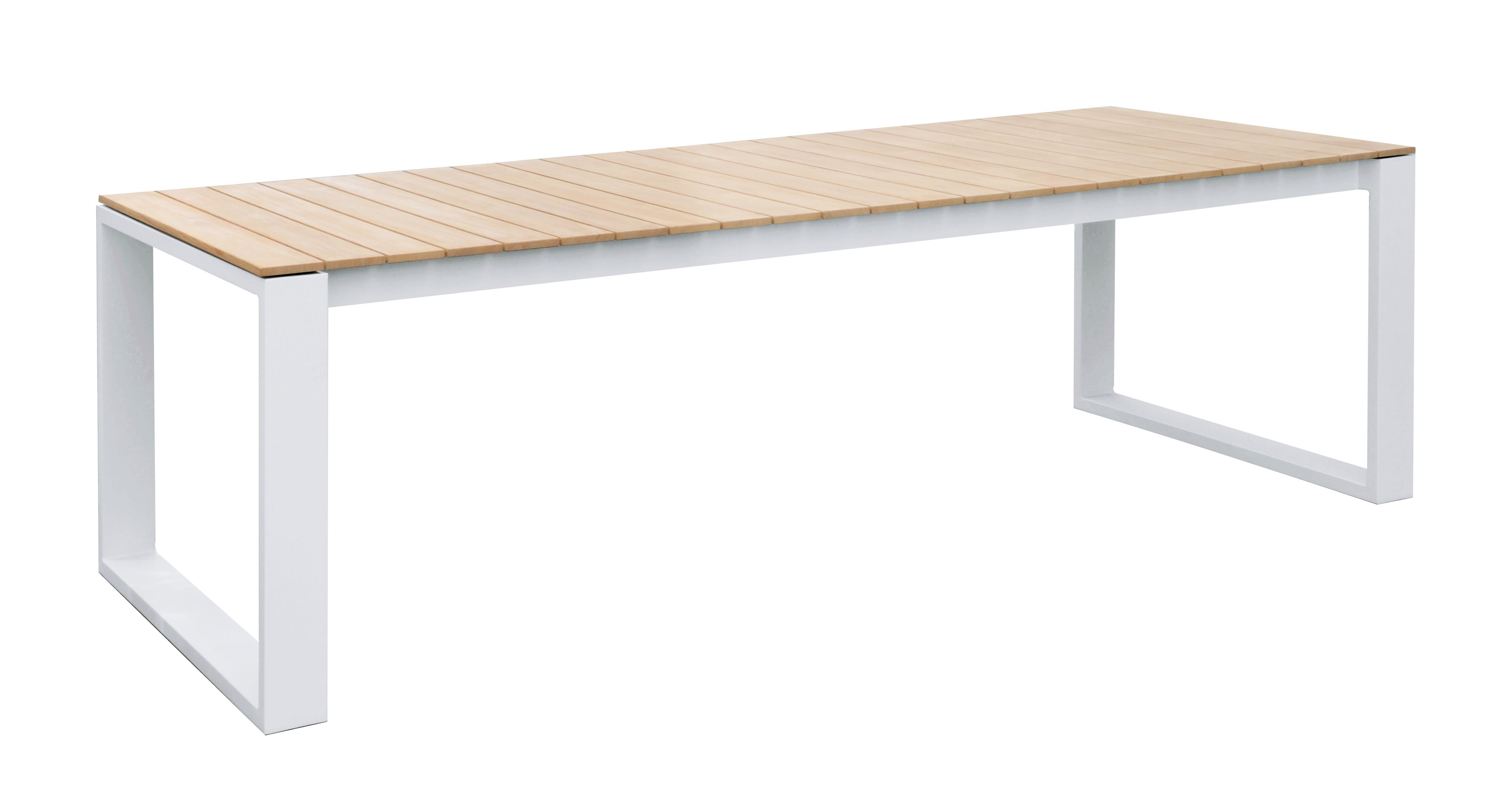 Table de jardin rectangulaire 200cm en teck FSC naturel et aluminium haut de gamme blanc mat, design minimaliste. 