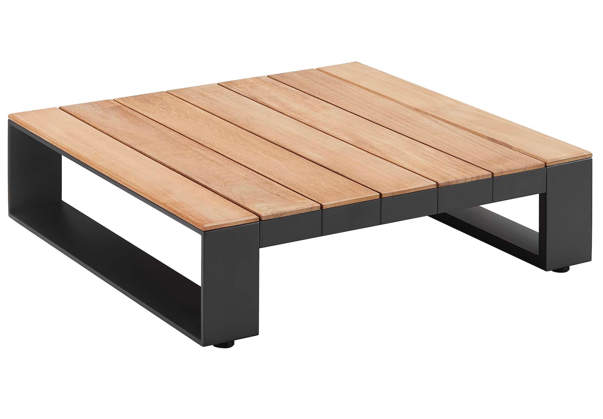 Table d'appoint carrée en aluminium noir mat et plateau en Teck SFC haut de gamme, design contemporain et luxe méditerranéen.