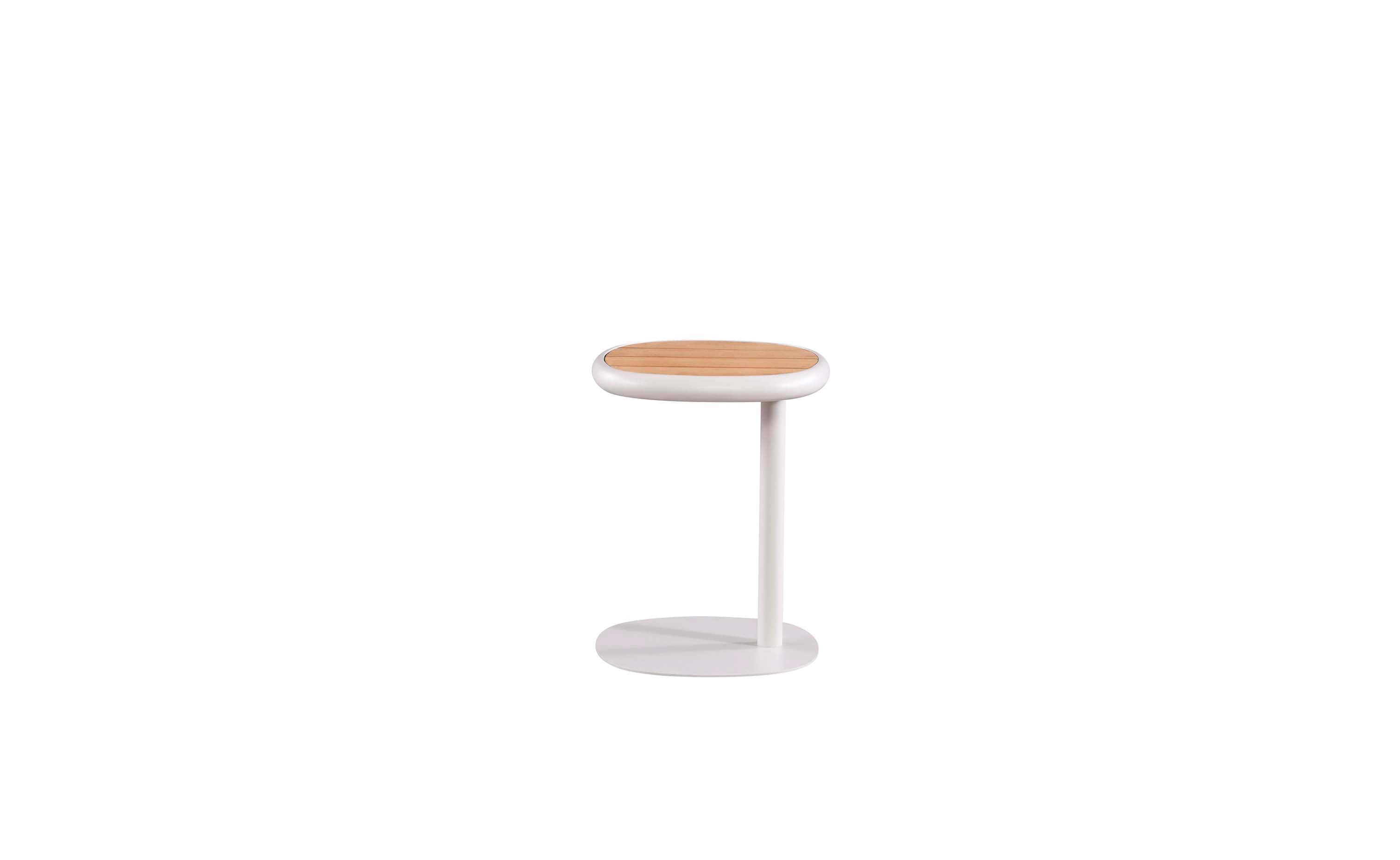 Table d'appoint ronde en aluminium haut de gamme blanc avec plateau en teck FSC, peinture époxy, design courbé élégant. 
