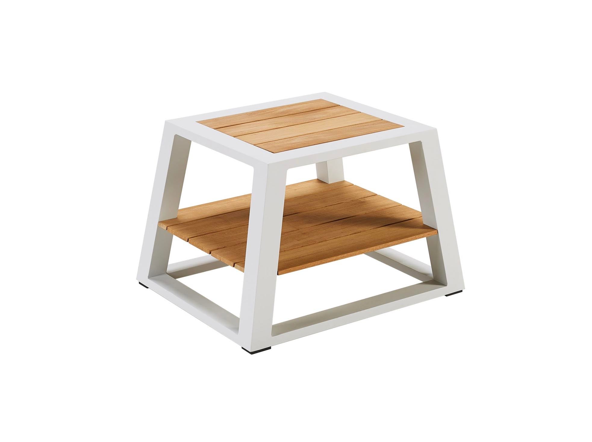 Tablette carrée avec structure aluminium inoxydable blanche, étagère en Teck FSC noble et durable, design innovant élégant.