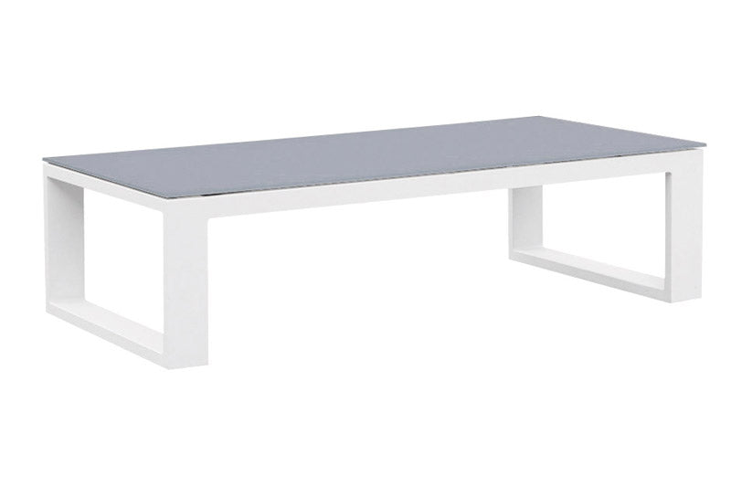 Table basse modulable blanche en aluminium avec plateau gris, design épuré et durable pour jardin extérieur luxe.
