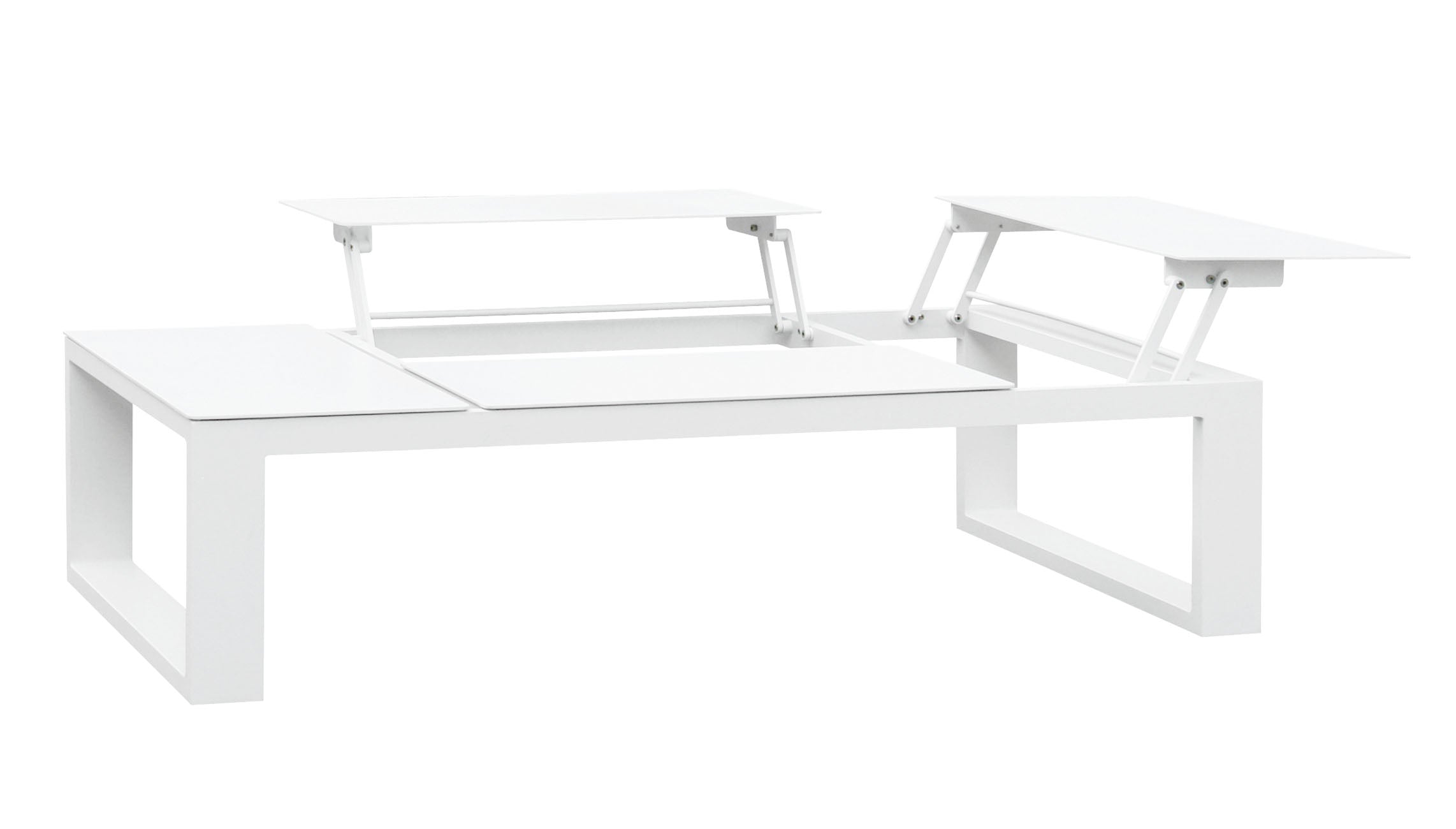 Table basse d'angle luxe en aluminium haut de gamme blanc mat avec plateau relevable en teck FSC et tissu 100% oléfine. 