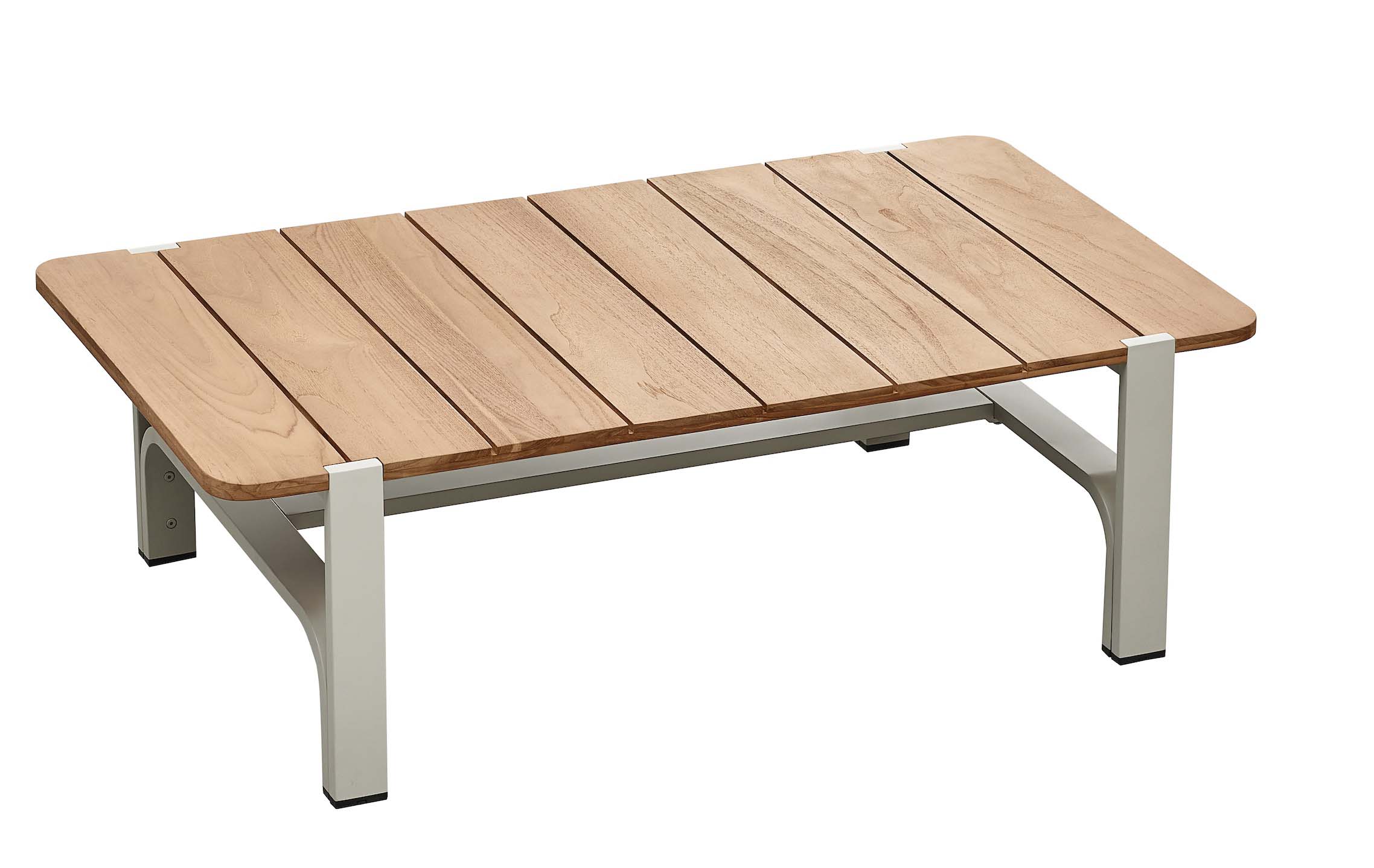 Table basse rectangulaire en aluminium gris clair avec plateau en teck FSC haut de gamme, style luxe pour terrasse extérieur.