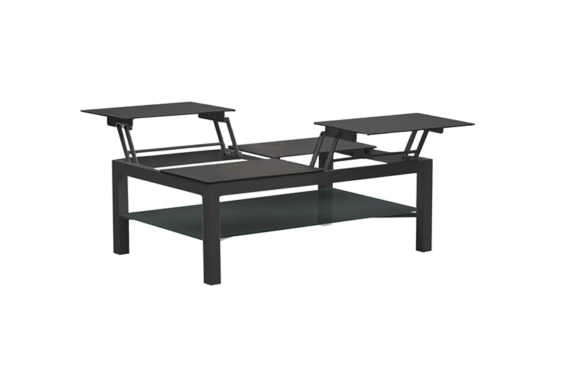 Table basse modulable en aluminium noir mat, design épuré et haut de gamme avec plateaux relevables, mobilier jardin.
