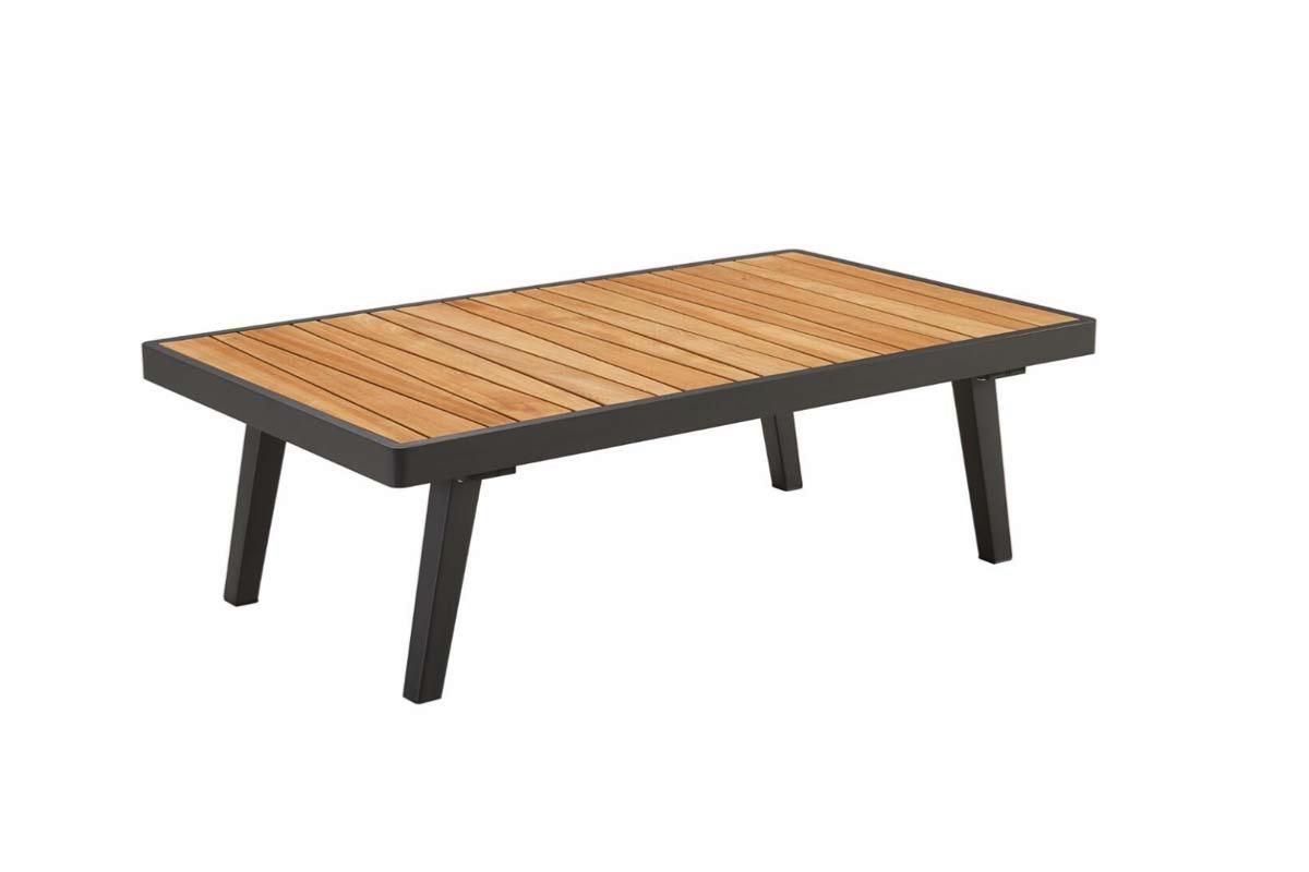 Table basse rectangulaire en teck FSC avec structure en aluminium haut de gamme noir, design élégant et durable au style.