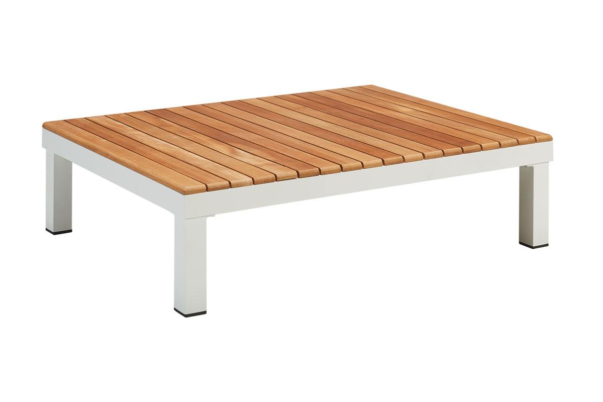 Table basse carrée en aluminium design blanc avec plateau en teck FSC, style luxe et durable.