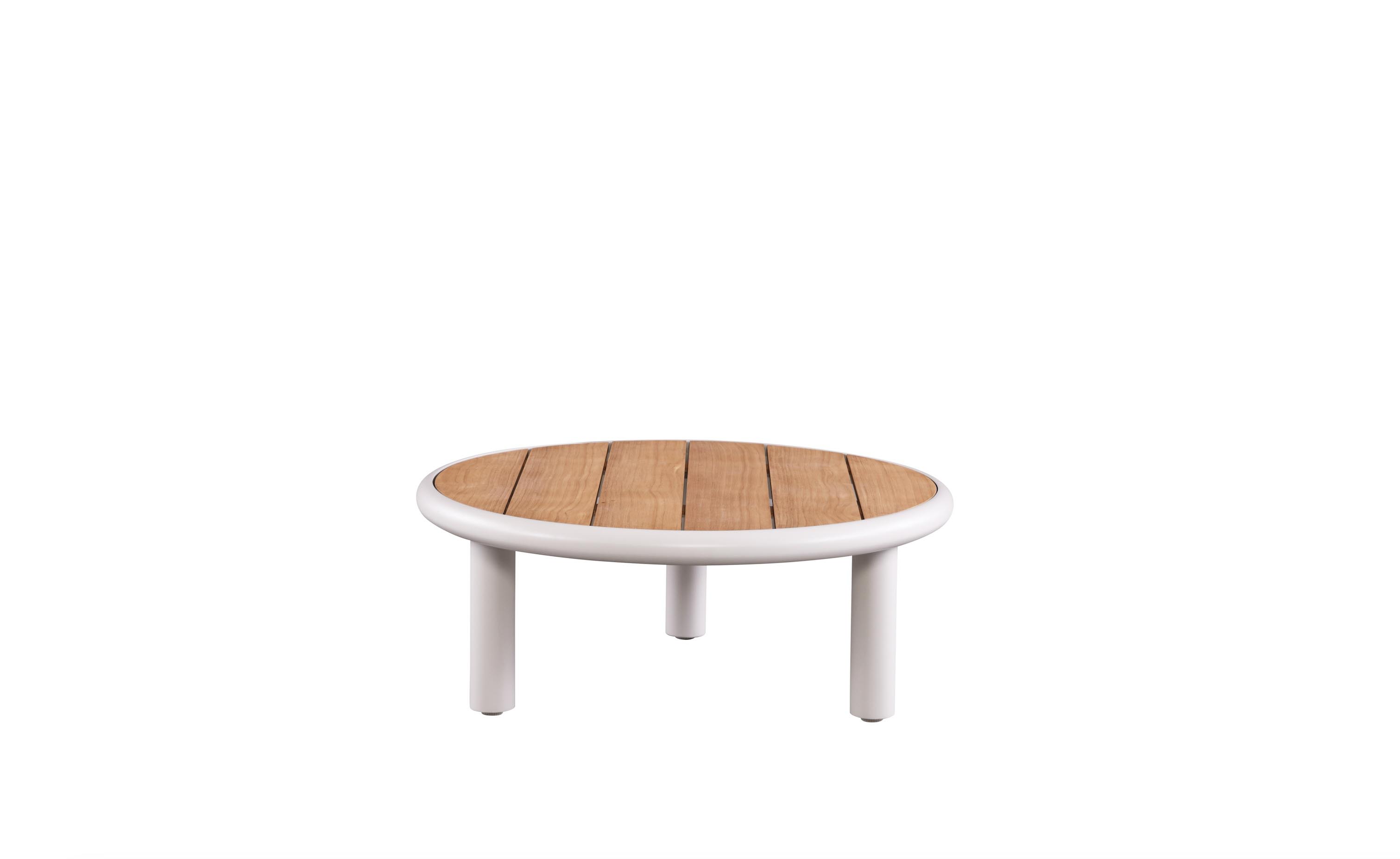 Table basse ronde en aluminium haut de gamme blanc avec plateau en teck FSC à courbe élégante, finition peinture époxy.