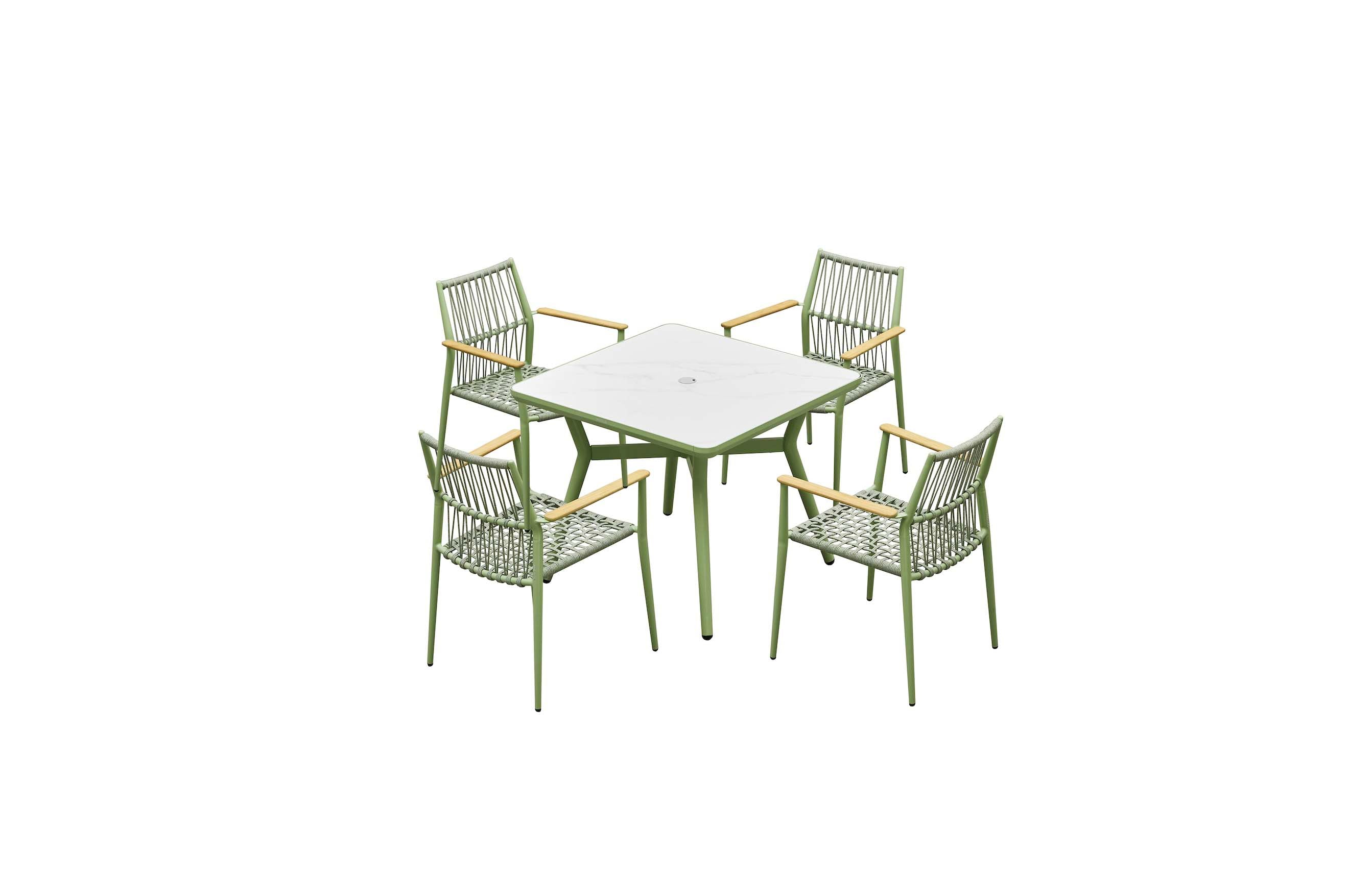 Table de terrasse bistrot carrée en aluminium vert, plateau céramique blanc, design élégant et haut de gamme pour restaurant .