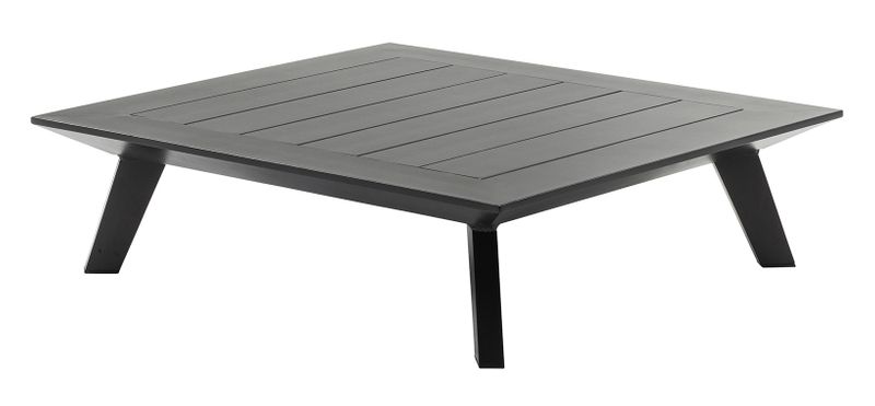 Table basse carrée en aluminium inoxydable noir mat avec plateau à lattes, design épuré et moderne pour mobilier terrasse. 