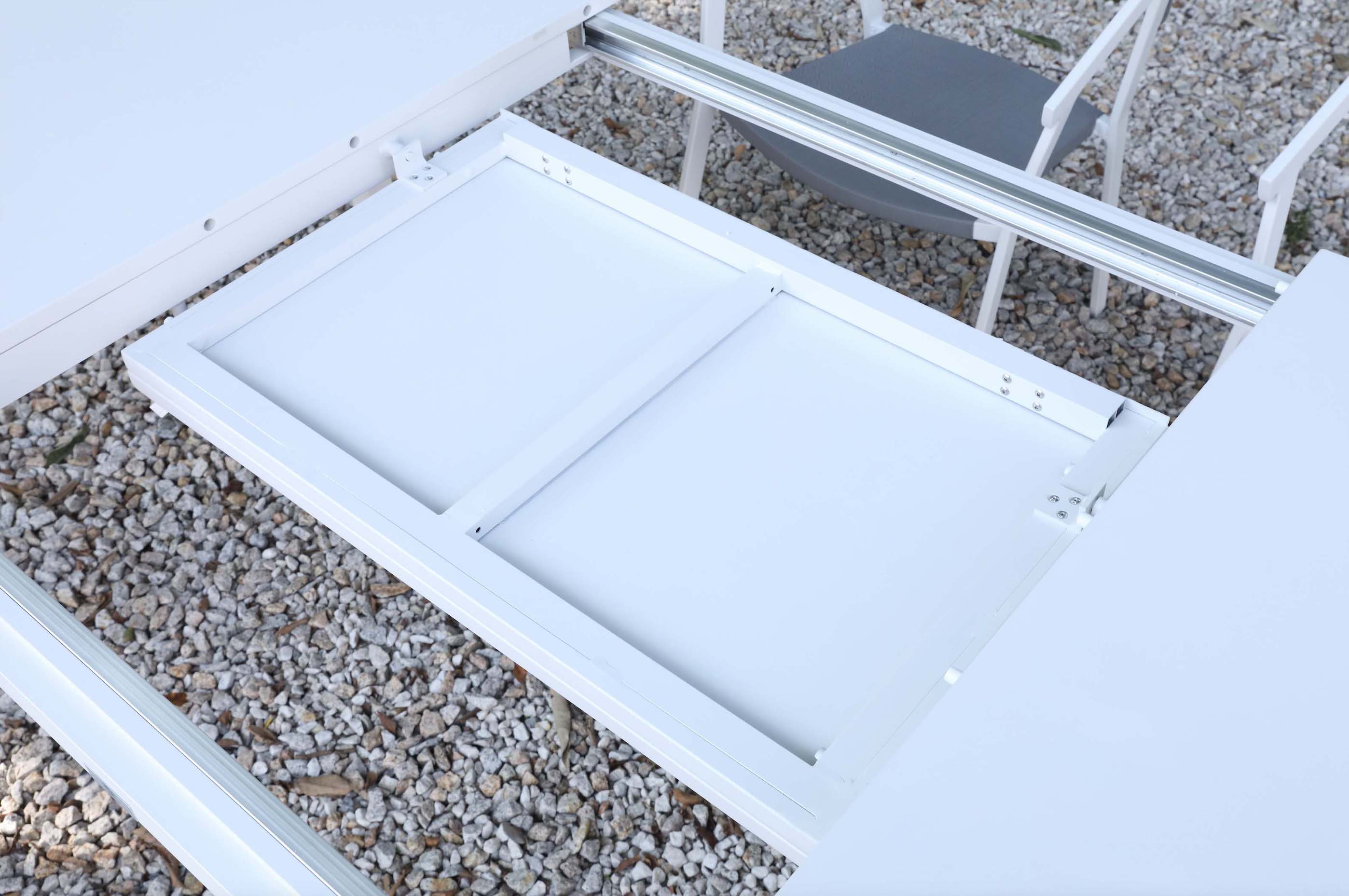 Table extensible en aluminium haut de gamme inoxydable blanc, mécanisme robuste pour grand ou petit espace, design élégant.