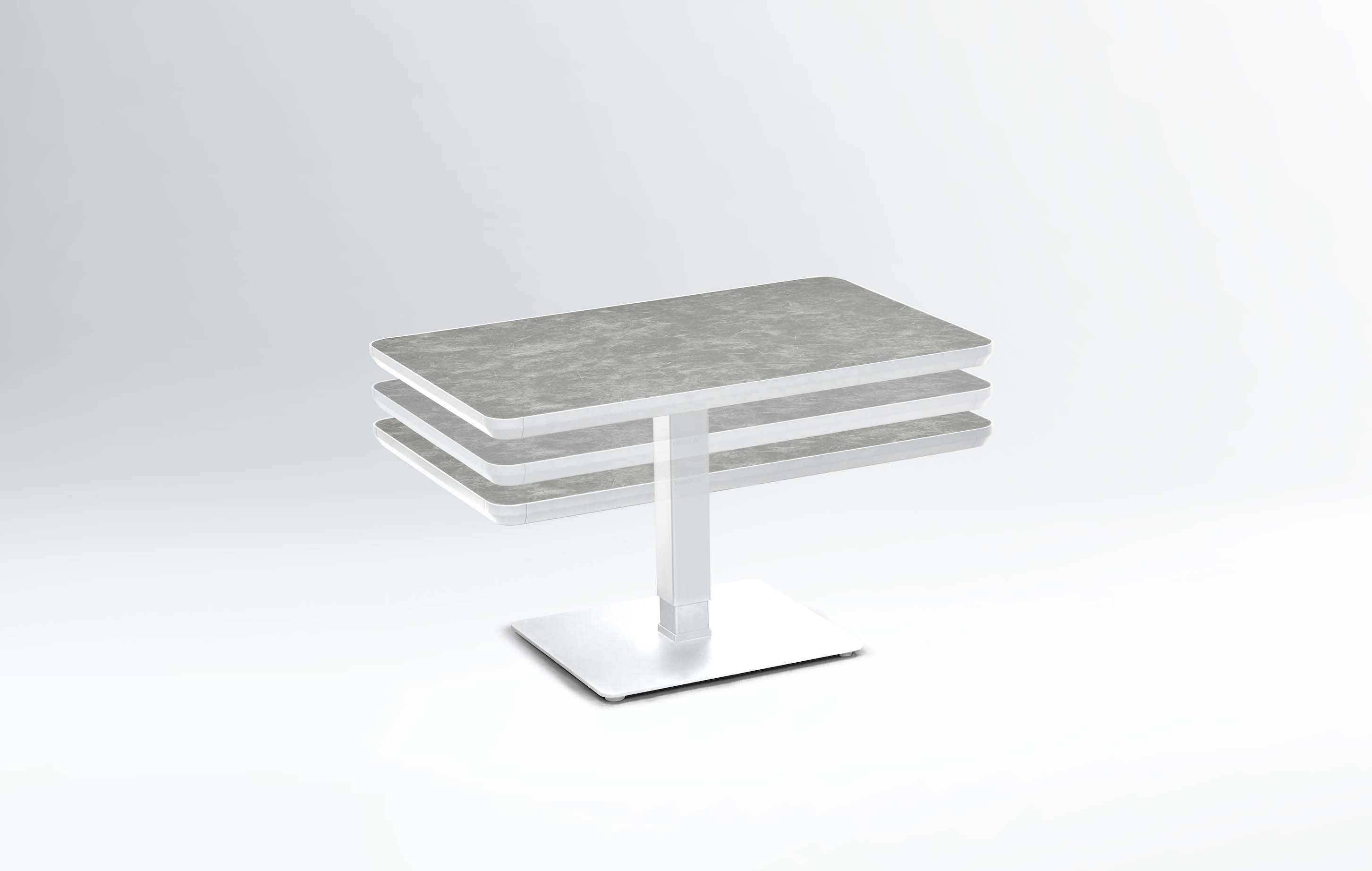 Table de salon de jardin design luxe avec plateau céramique réglable gris, structure aluminium inoxydable blanche élégante. 