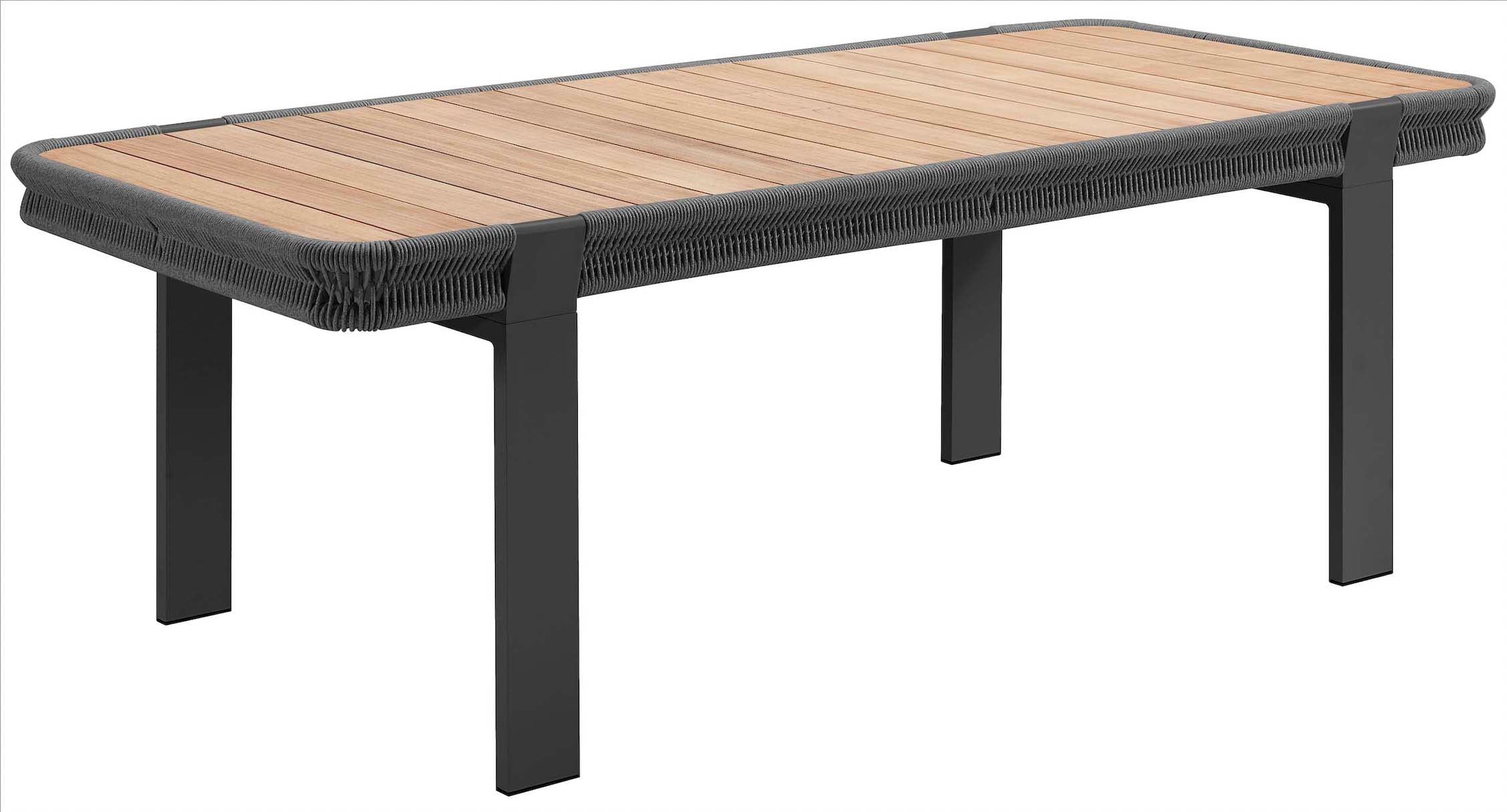 Table d'extérieur moderne en aluminium noir avec plateau en teck FSC et bordure en corde tressée noire, design rustique. 