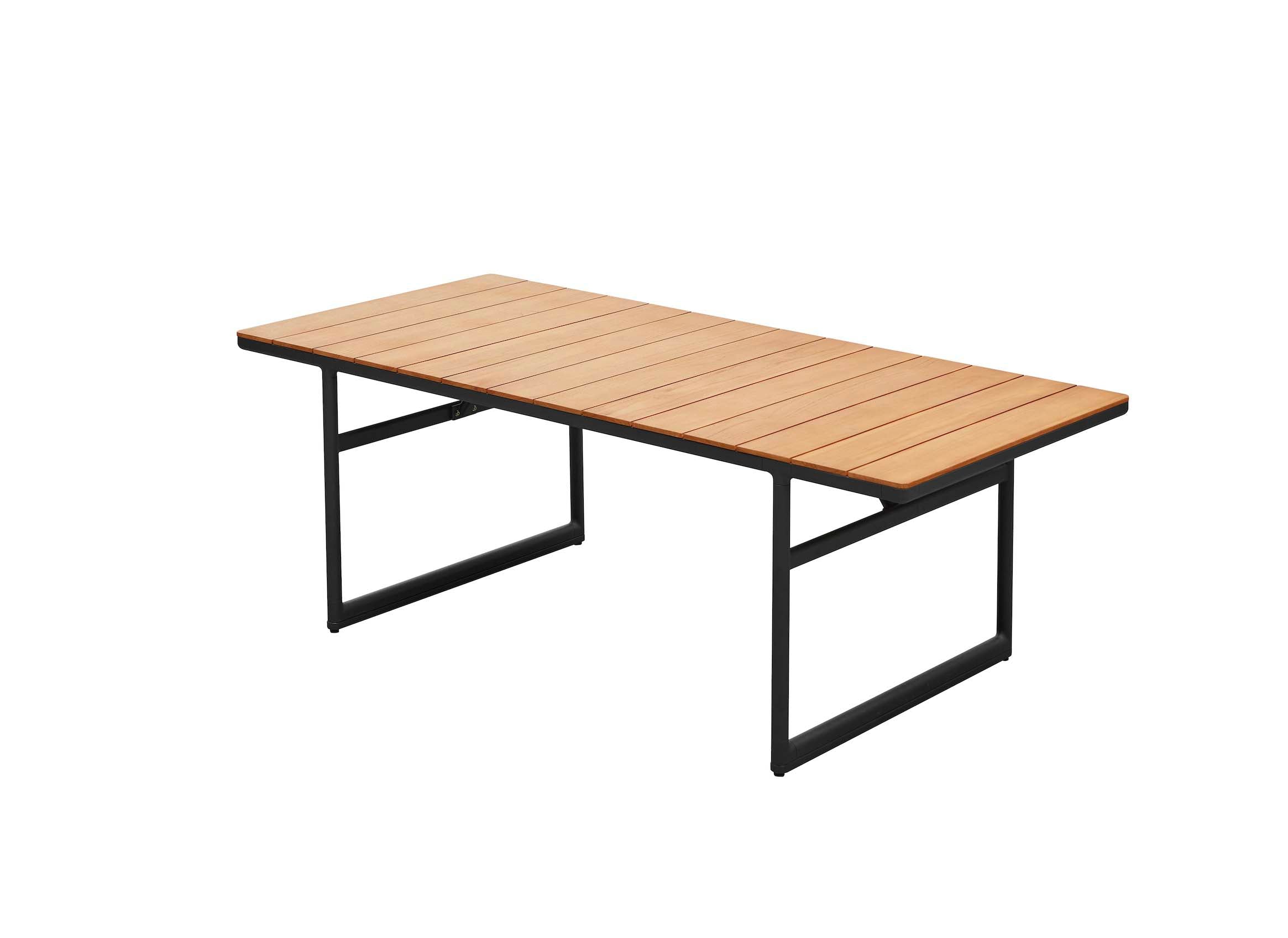 Table extérieure rectangulaire en aluminium noir mat avec plateau en Teck FSC, design italien haut de gamme, style luxe. 