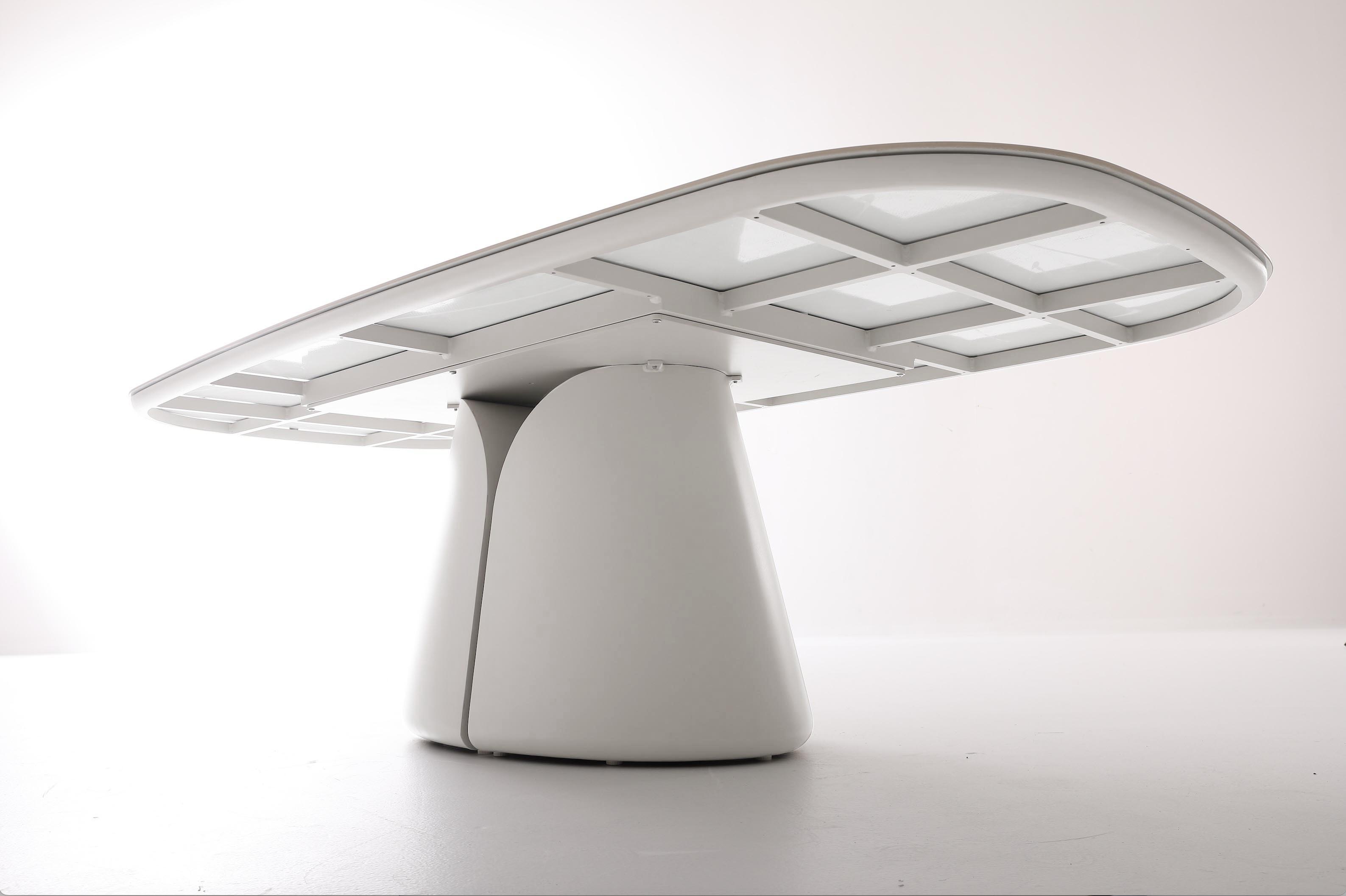 Table repas de jardin design en aluminium haut de gamme inoxydable avec grand espace et pied central élégant, plateau.