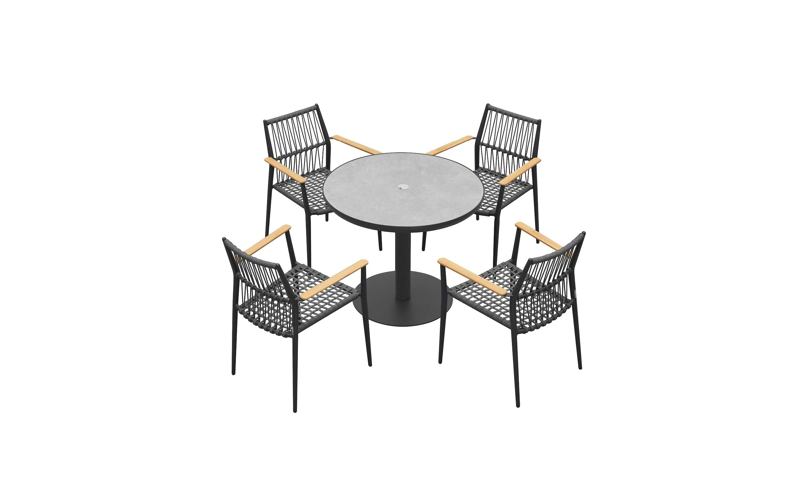 Table ronde bistrot en aluminium noir mat, plateau céramique gris, pied central solide, quatre chaises coordonnées avec.