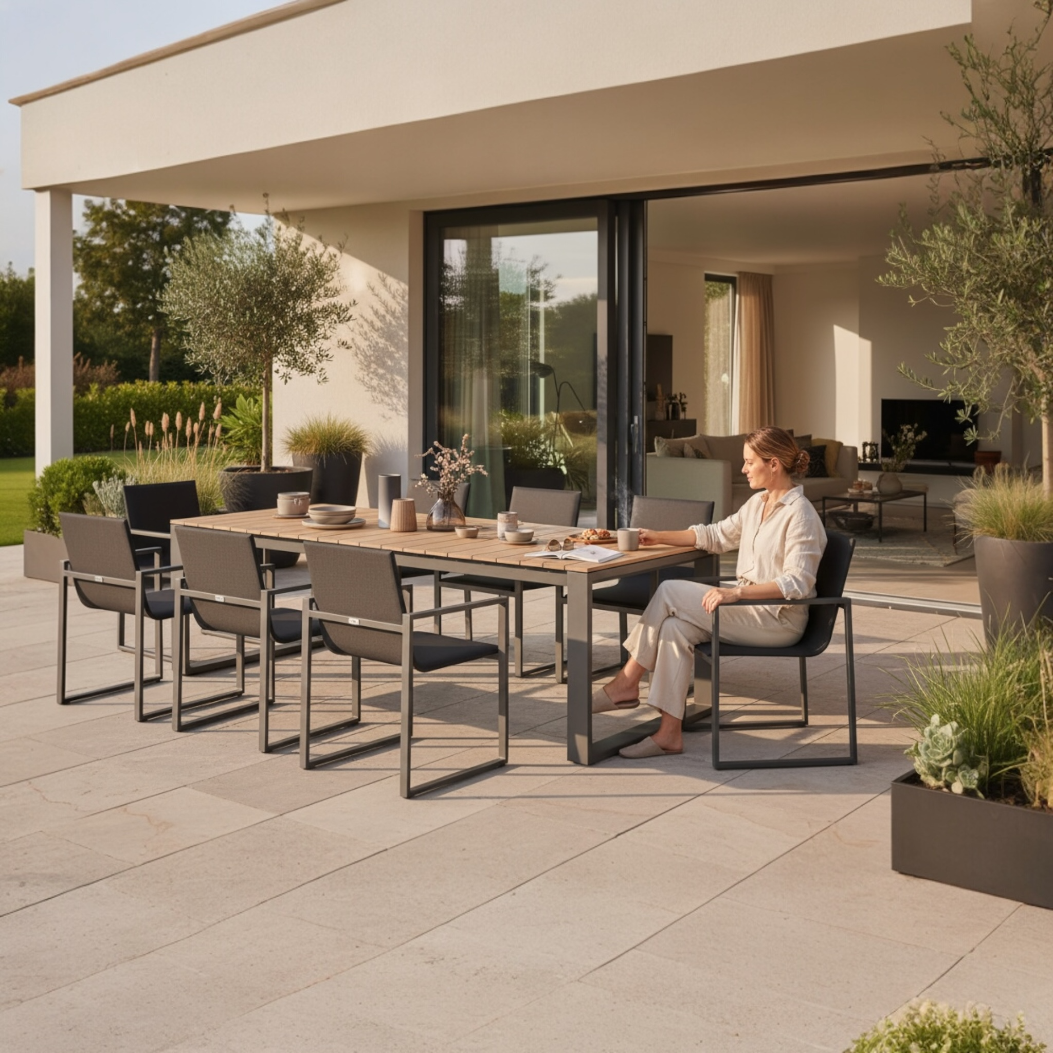 Table de jardin luxe 240 cm en teck FSC et aluminium haut de gamme noir, chaises avec housses déperlantes en tissu 100%.