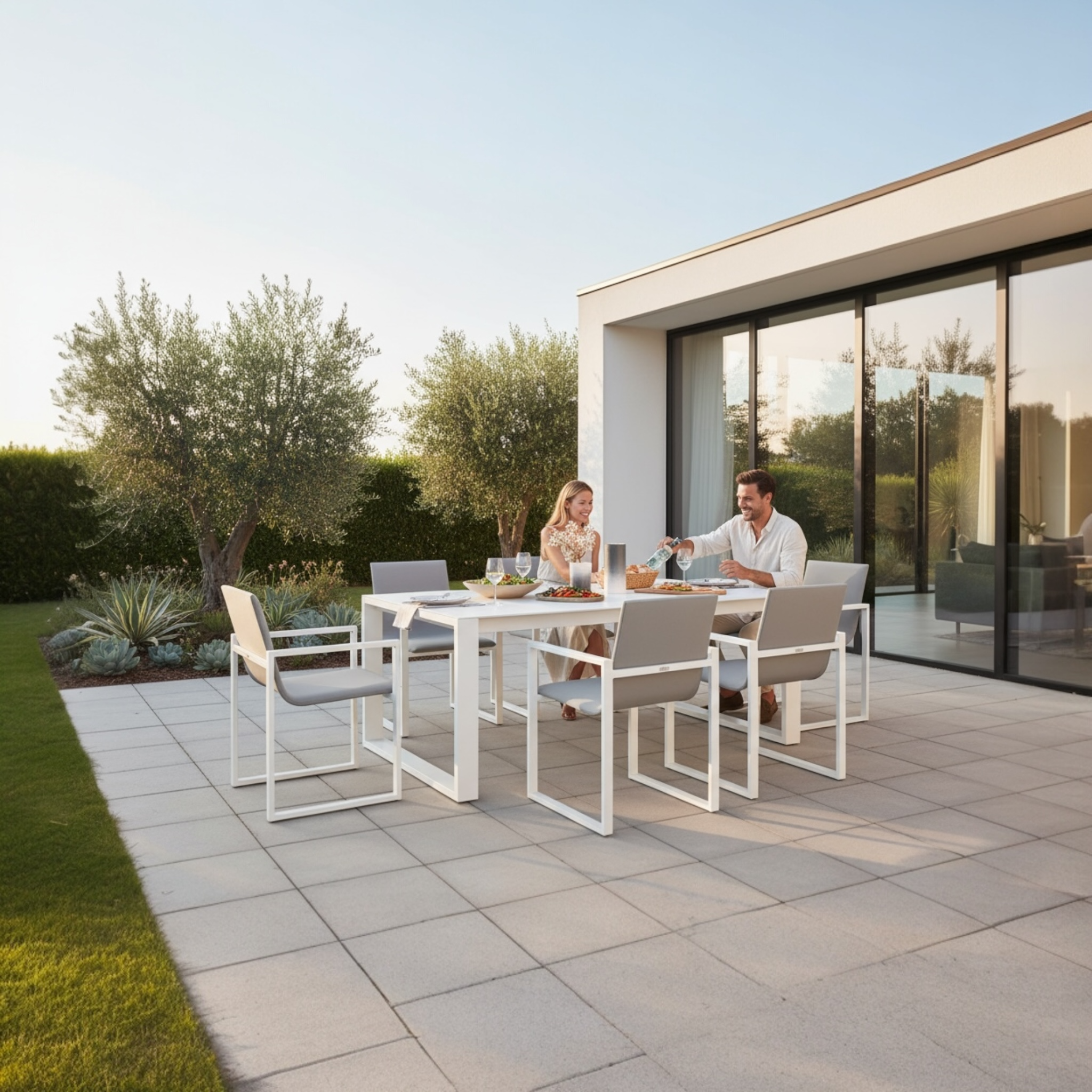 Table de jardin en aluminium haut de gamme blanc avec plateau en céramique élégant, chaises à structure aluminium et housses. 