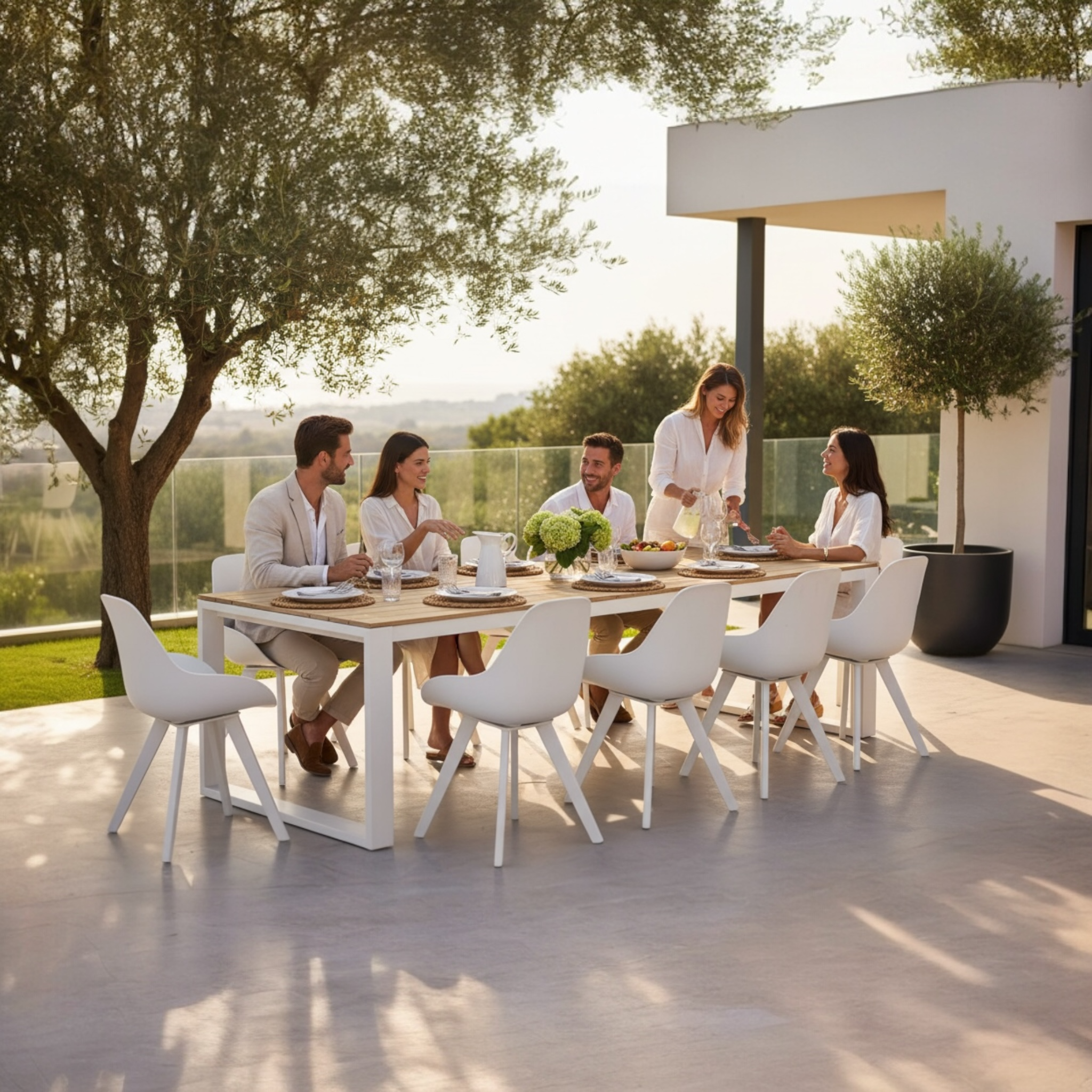 Table de jardin 240 cm en teck FSC aux pieds en aluminium haut de gamme, entourée de chaises blanches au design épuré. 