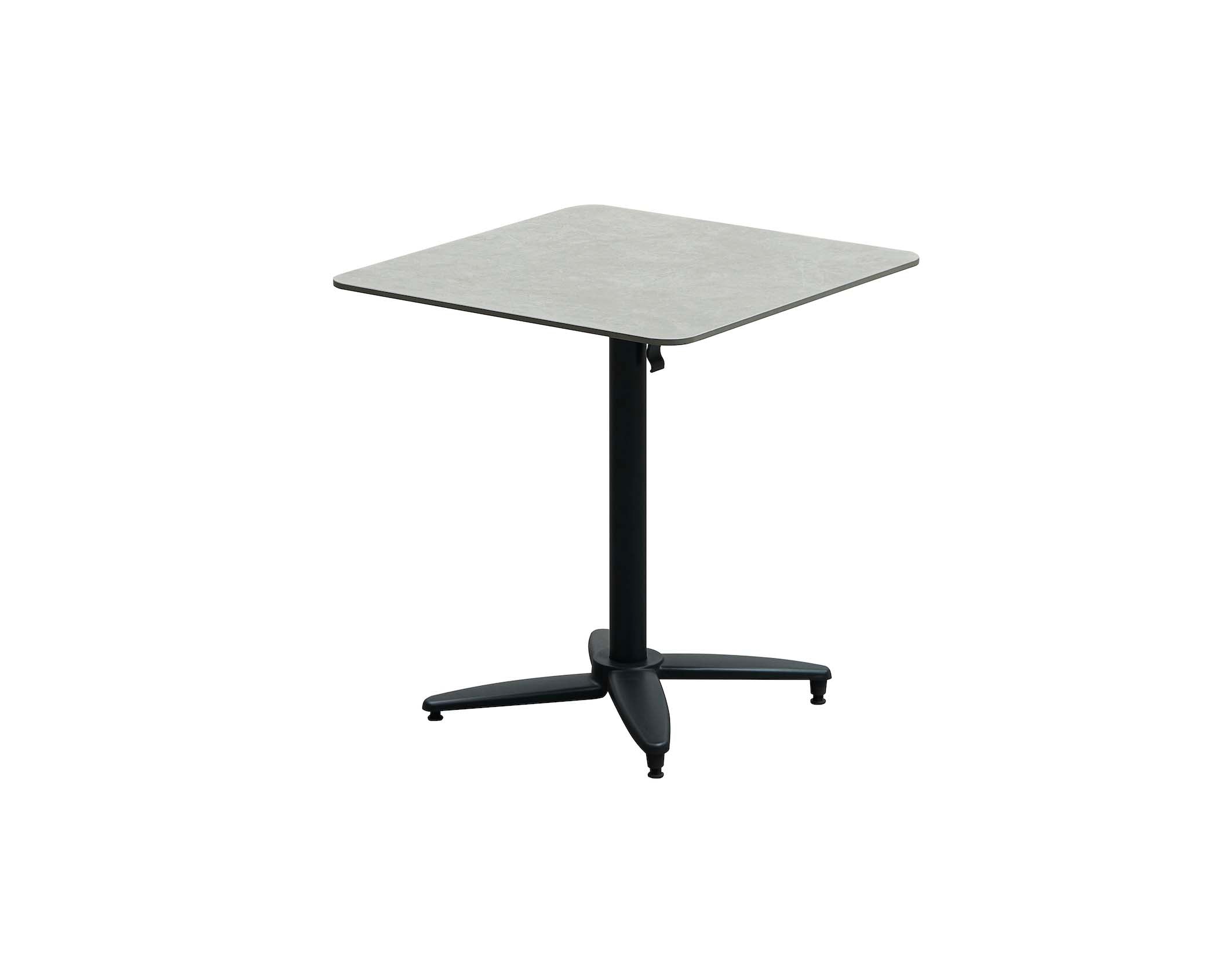 Table bistro carrée haute gamme avec plateau céramique beige, piètement aluminium noir, design élégant pour terrasse. 