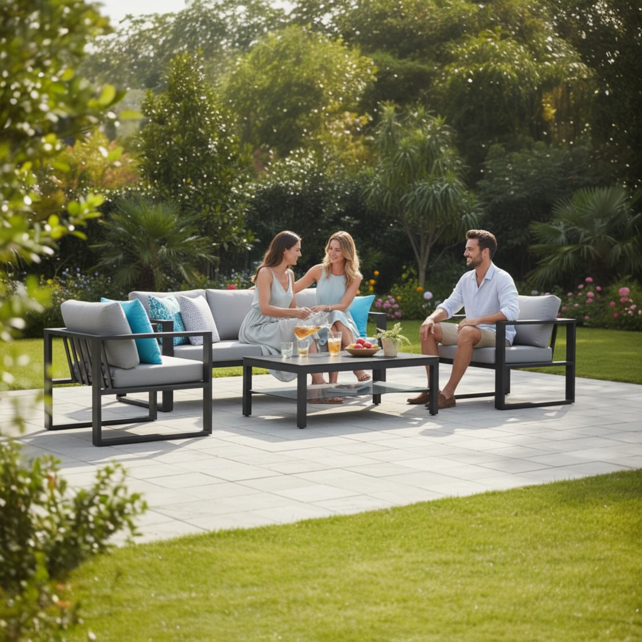 Table basse de jardin relevable en aluminium noir, accompagné de son salon de jardin design. 