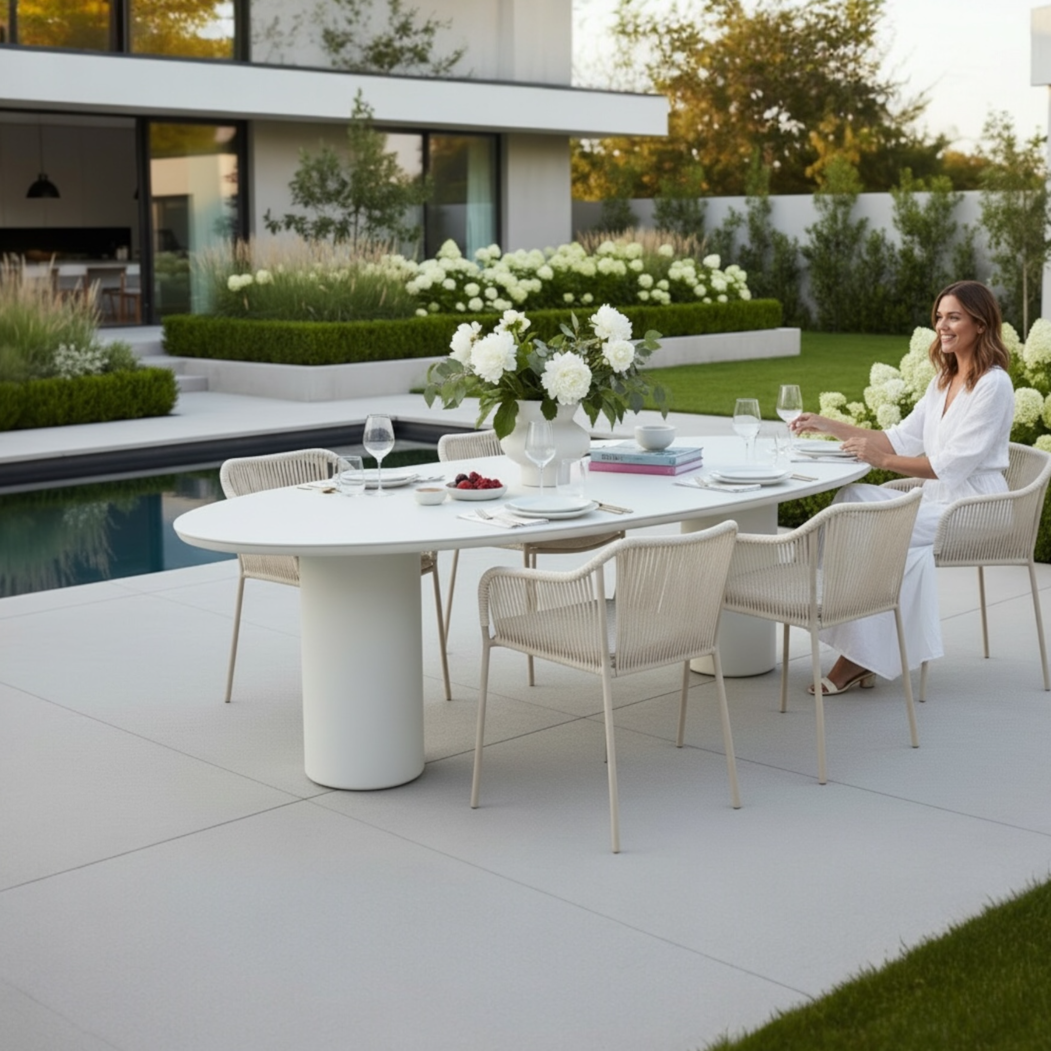Détail de la table de jardin NINO avec zoom sur la structure en aluminium avec ses pieds en aluminium cylindrique.
