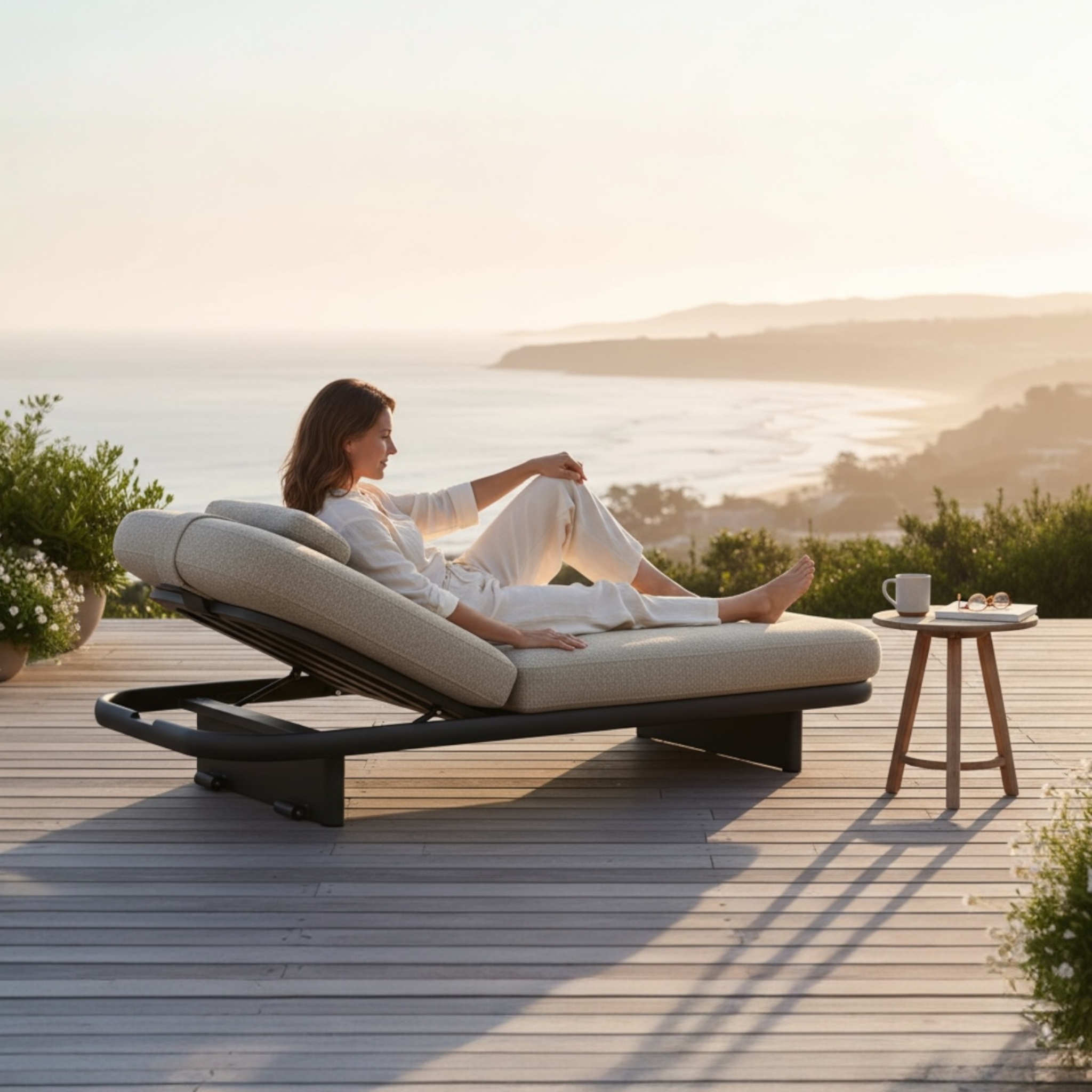 Bain de soleil ROSA beige sur terrasse - ambiance jardin luxueux