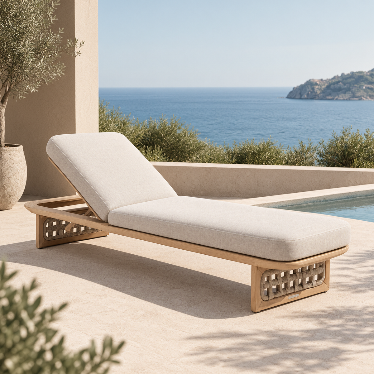 Bain de soleil de jardin PALMA en teck massif et corde tressée, design italien haut de gamme