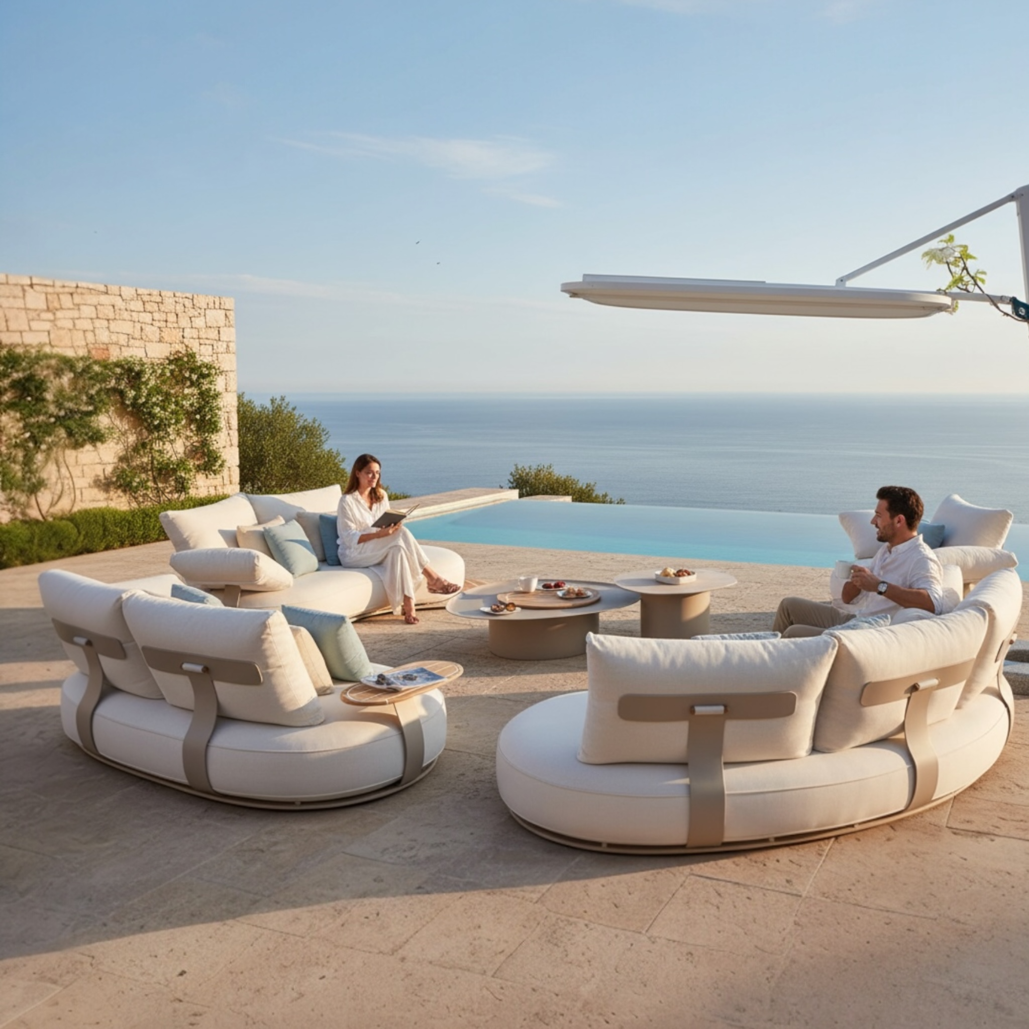 Ensemble lounge luxe ELYO XL avec banquette 3 places, canapé 2 places, méridienne et fauteuil en aluminium thermolaqué beige avec coussins tissu acrylique séchage rapide
