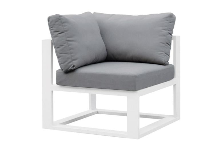 Salon de jardin modulable en aluminium blanc haut de gamme, coussins gris élégants, design épuré et durable pour jardin.