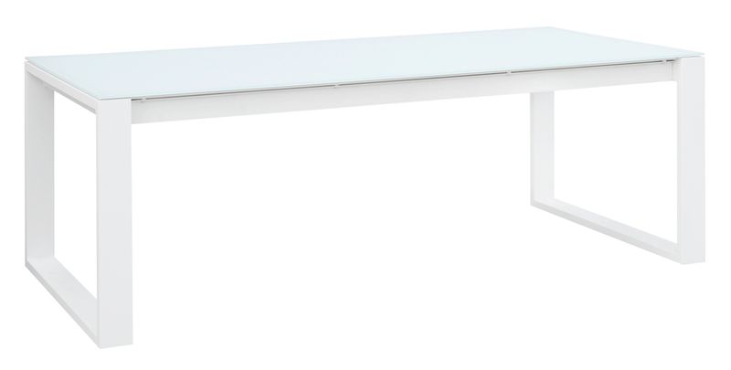 Table de jardin luxe en aluminium haut de gamme blanc mat avec plateau en verre blanc, design épuré élégant méditerranéen,.