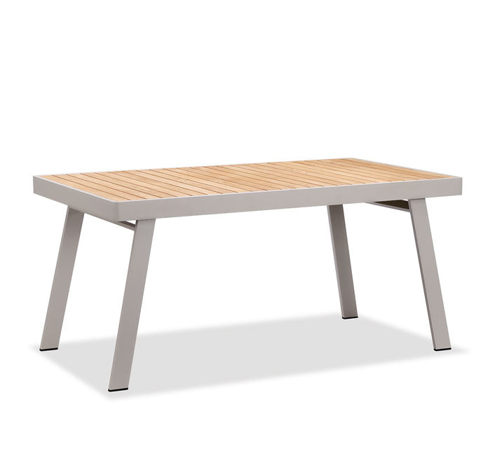 Table de jardin rectangulaire en aluminium haut de gamme avec plateau en teck FSC, design épuré et élégant. 